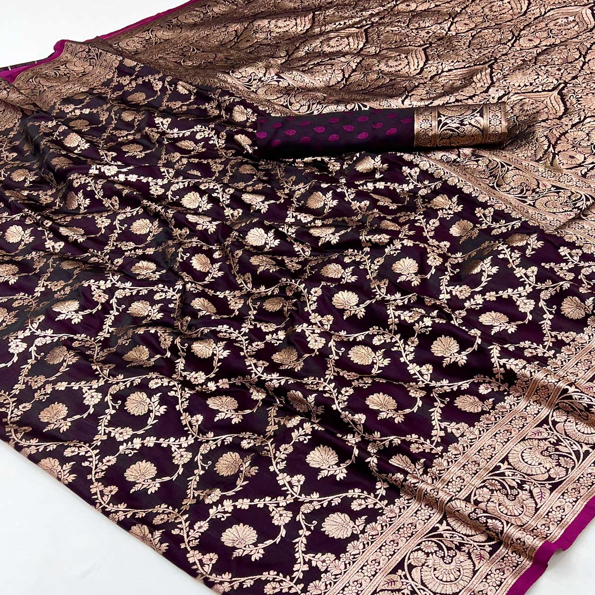 Wine Classic Floral Zari Weaving Satin Silk Saree With Sophisticated Drape - Image 2
