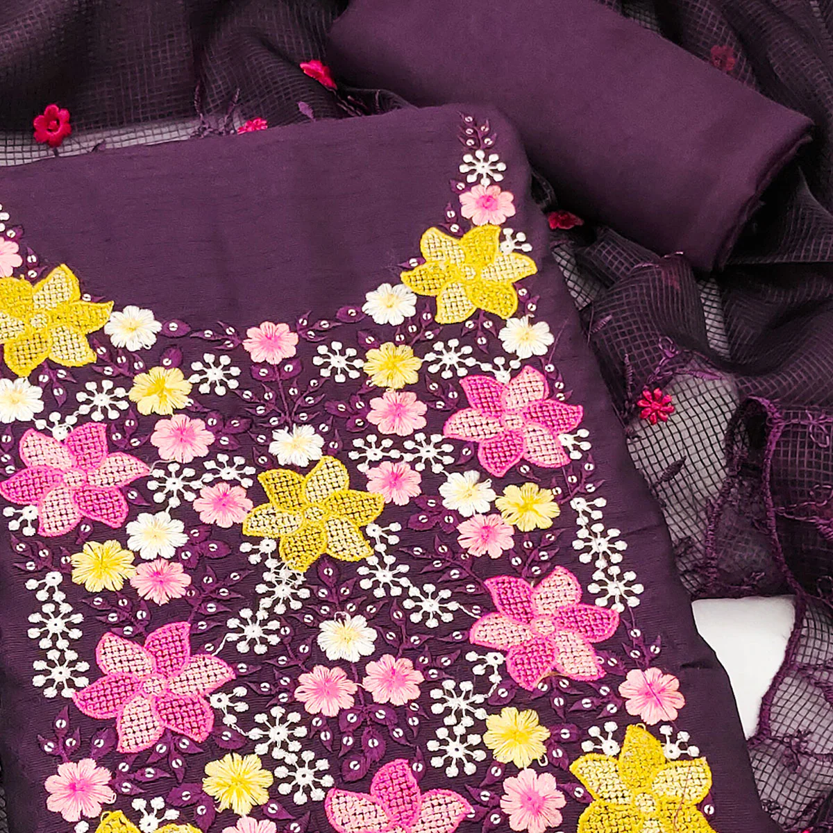 Wine Cotton Blend Unstitched Dress Fabric Featuring Delicate Floral Embroidery - Image 2