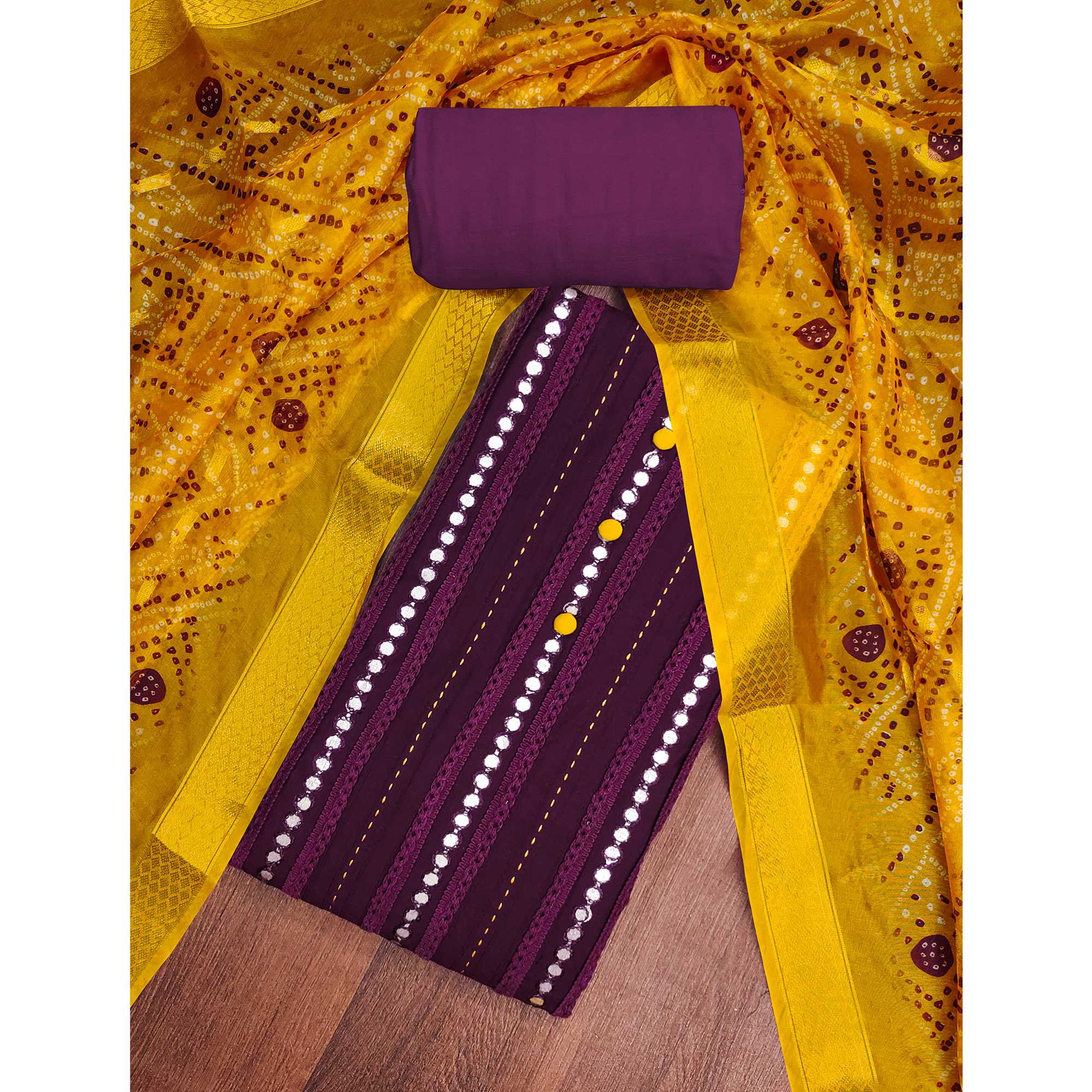 Wine Cotton Silk Dress Material Enhanced With Intricate Thread Embroidery & Gota Patti Work - Image 3