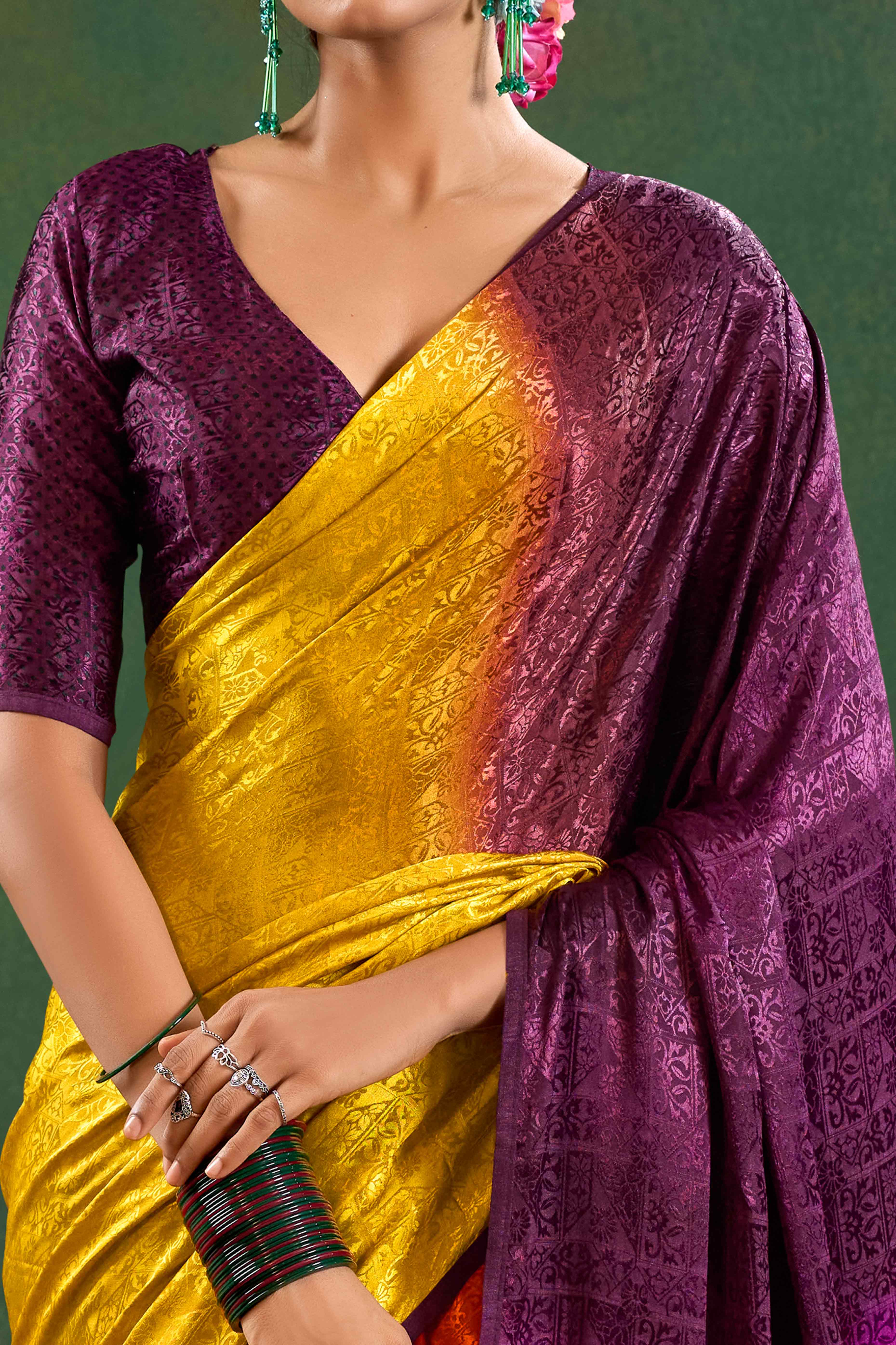 Wine Crepe Jacquard Saree with Vibrant Prints & Stone Work - Image 2