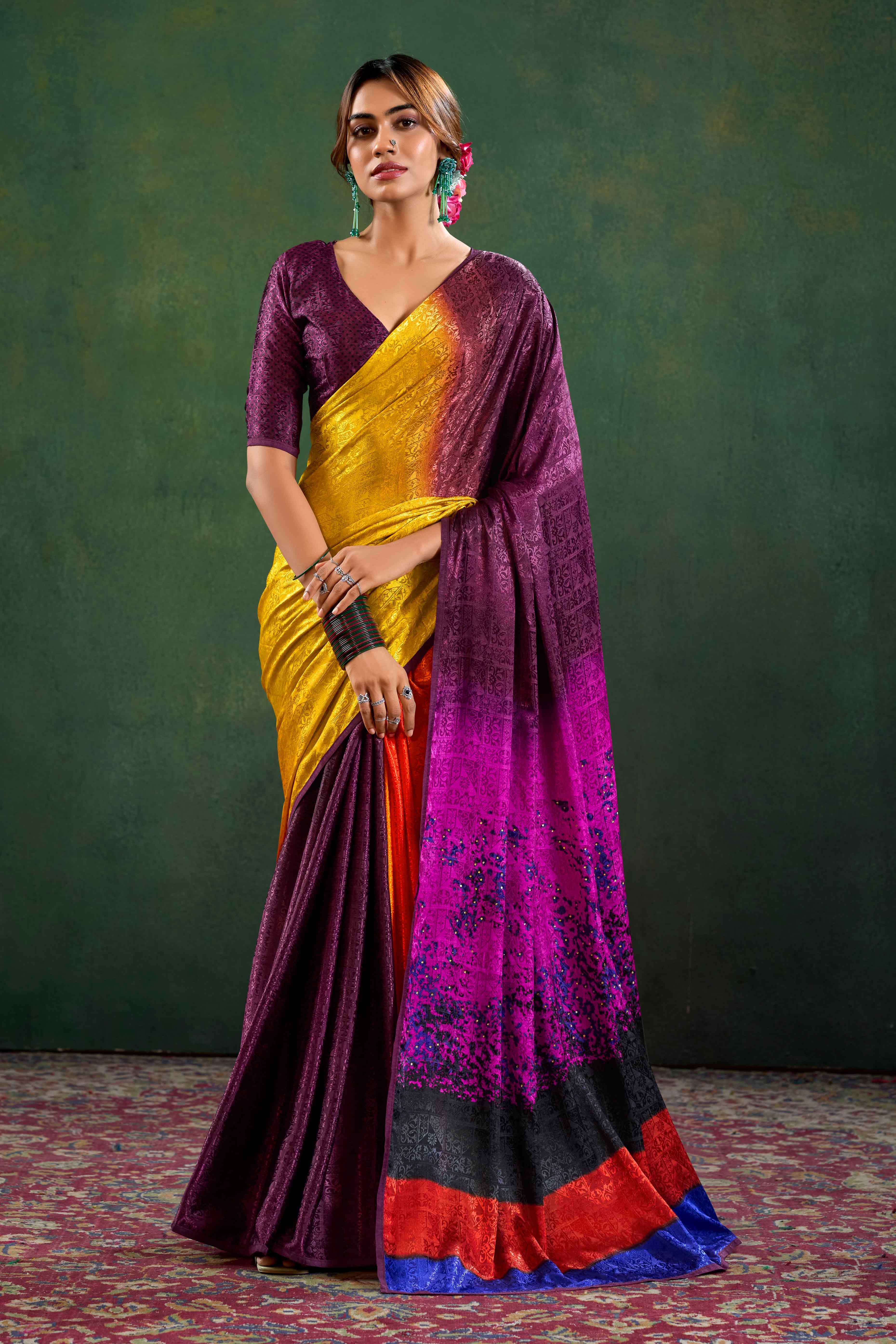 Wine Crepe Jacquard Saree with Vibrant Prints & Stone Work - Image 3