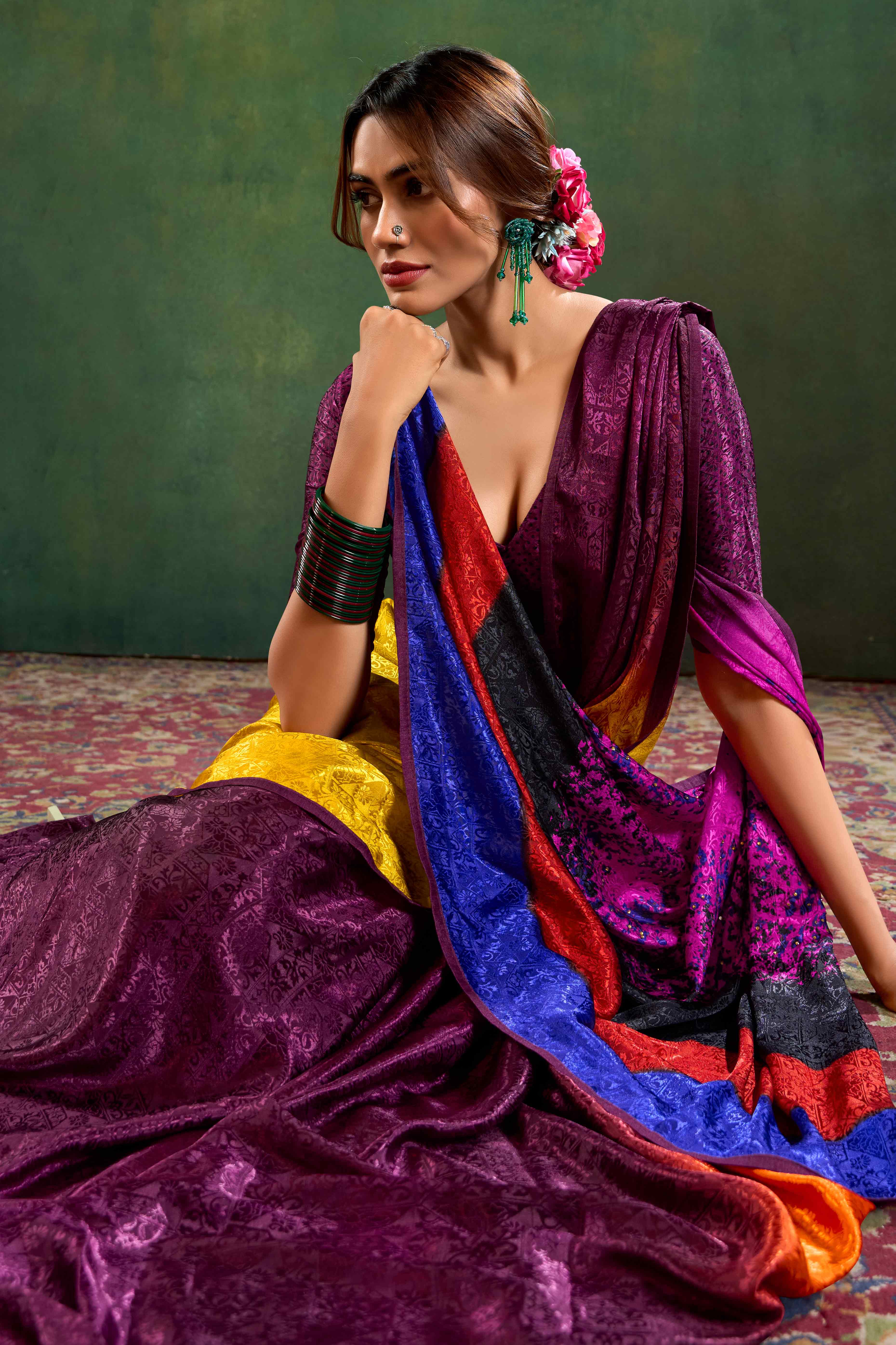 Wine Crepe Jacquard Saree with Vibrant Prints & Stone Work - Image 4