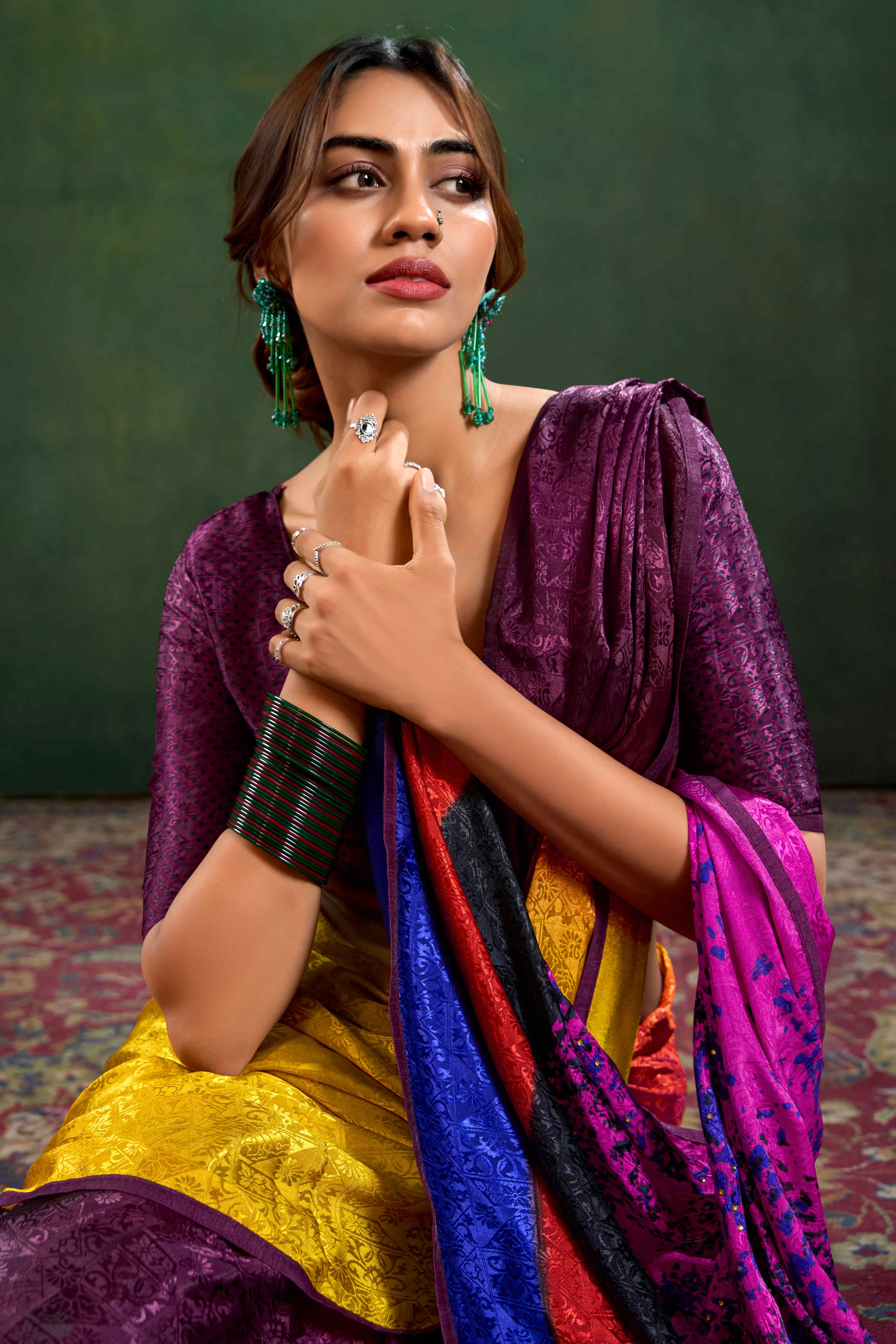 Wine Crepe Jacquard Saree with Vibrant Prints & Stone Work - Image 5