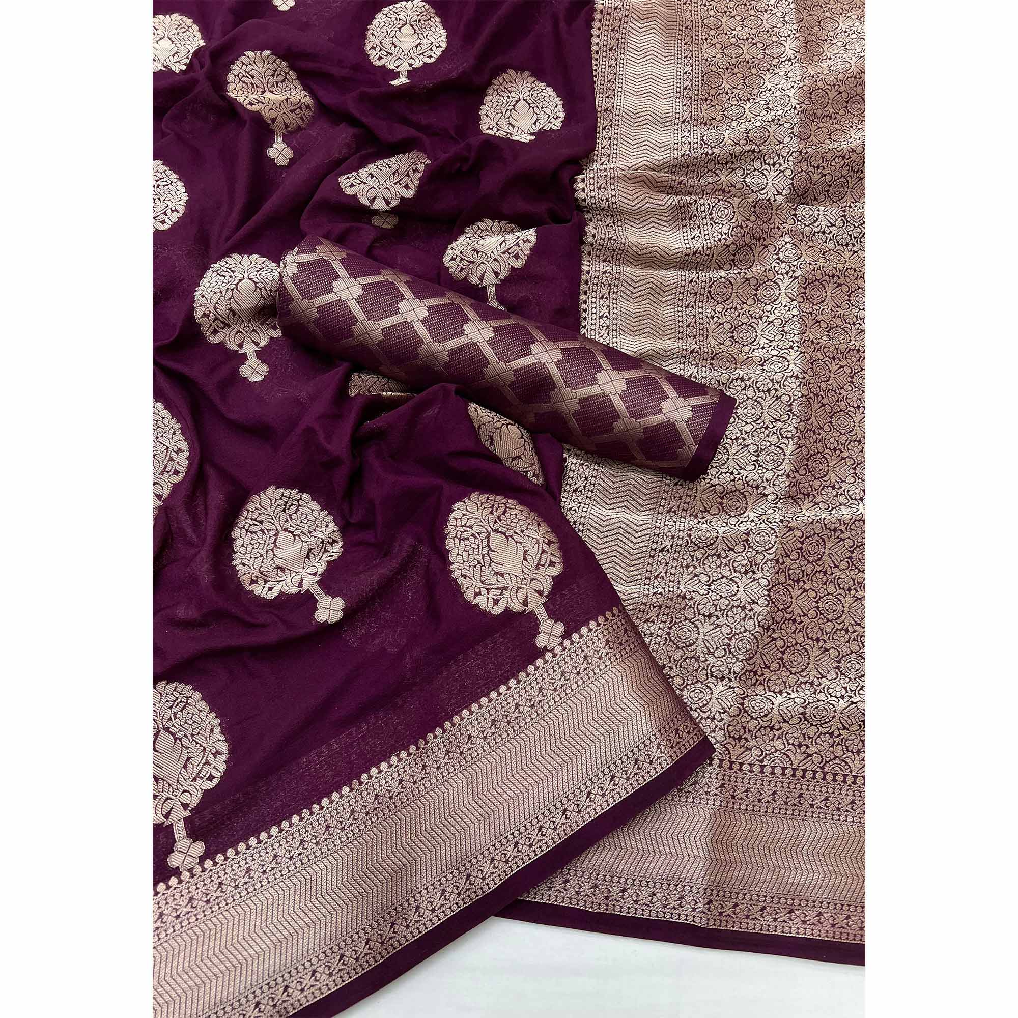 Wine Crepe Silk Saree Featuring Floral Zari Weave & Graceful Tassel Pallu - Image 3