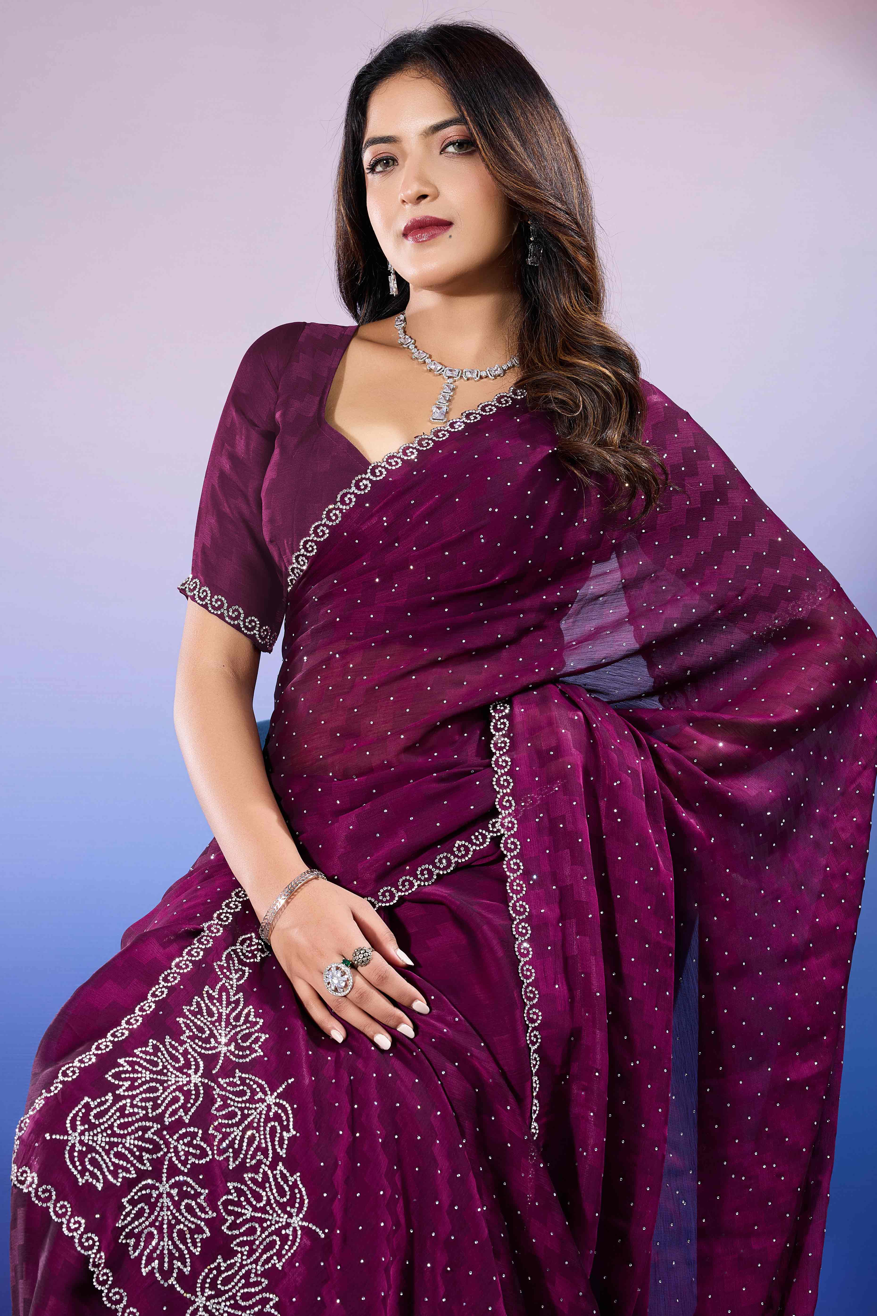 Wine Diamond Zarkan Handwork Satin Chiffon Saree - Image 6