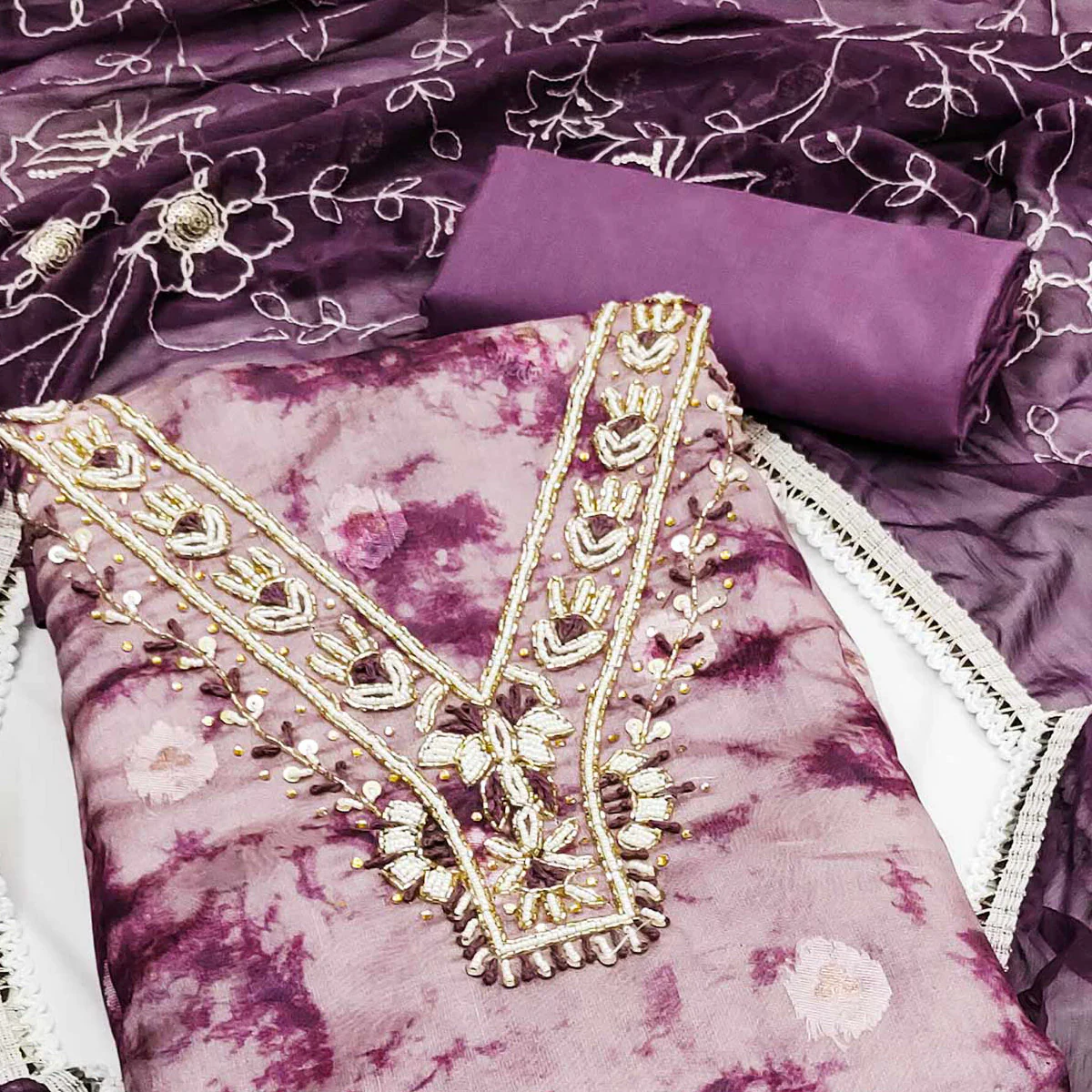 Wine Digital Printed With Handwork Organza Dress Material - Image 2