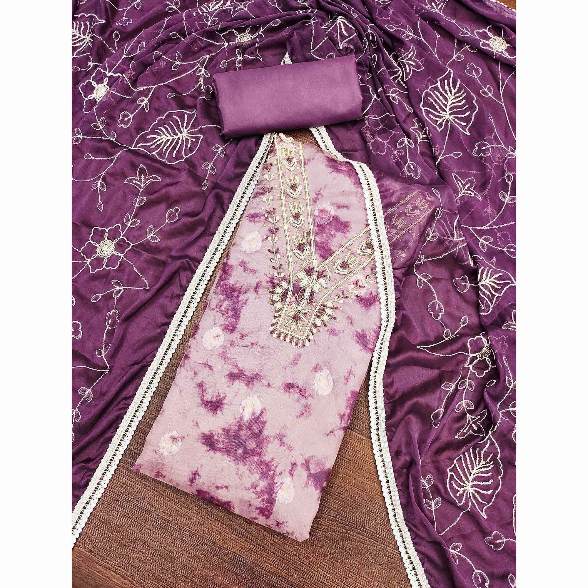 Wine Digital Printed With Handwork Organza Dress Material - Image 3