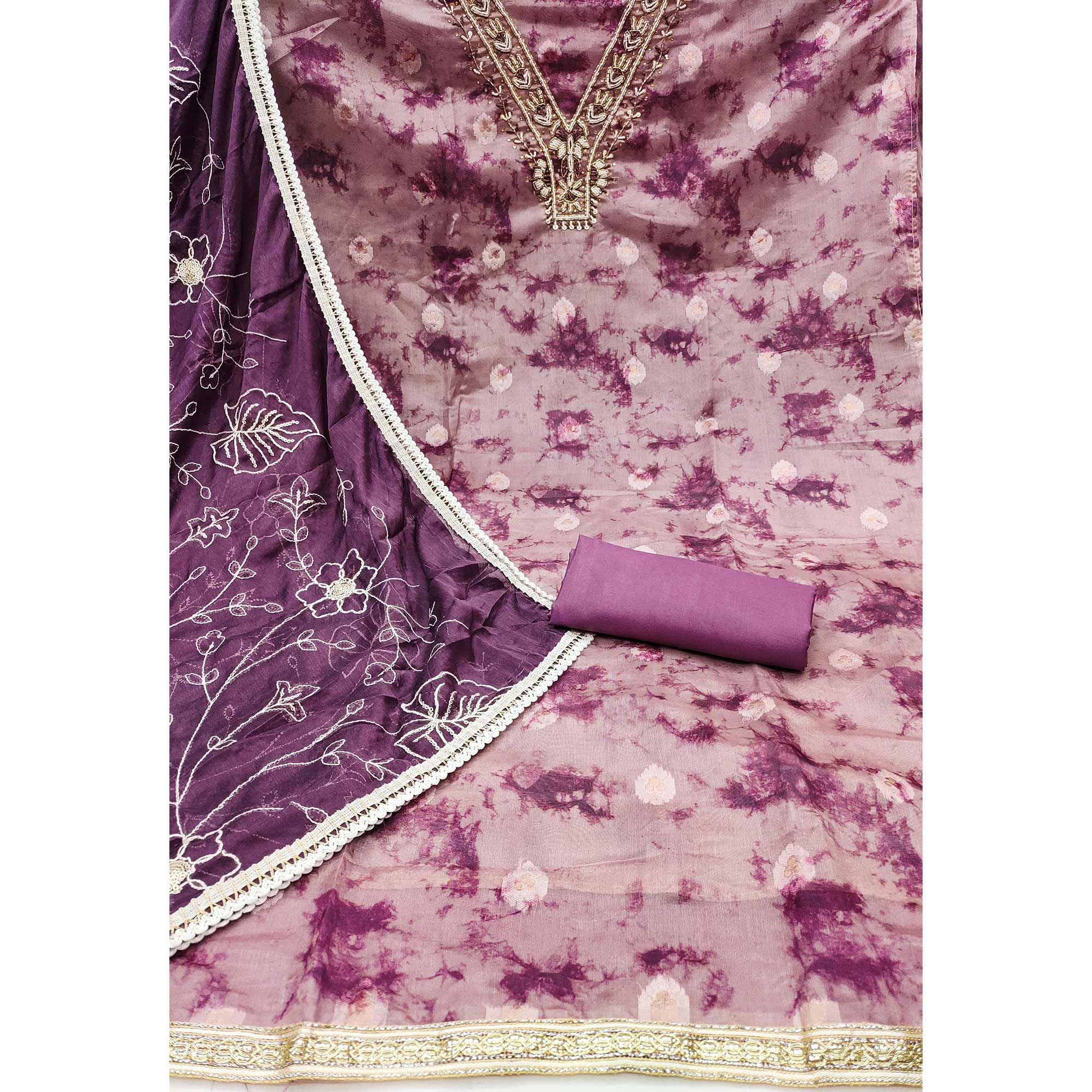 Wine Digital Printed With Handwork Organza Dress Material - Image 4