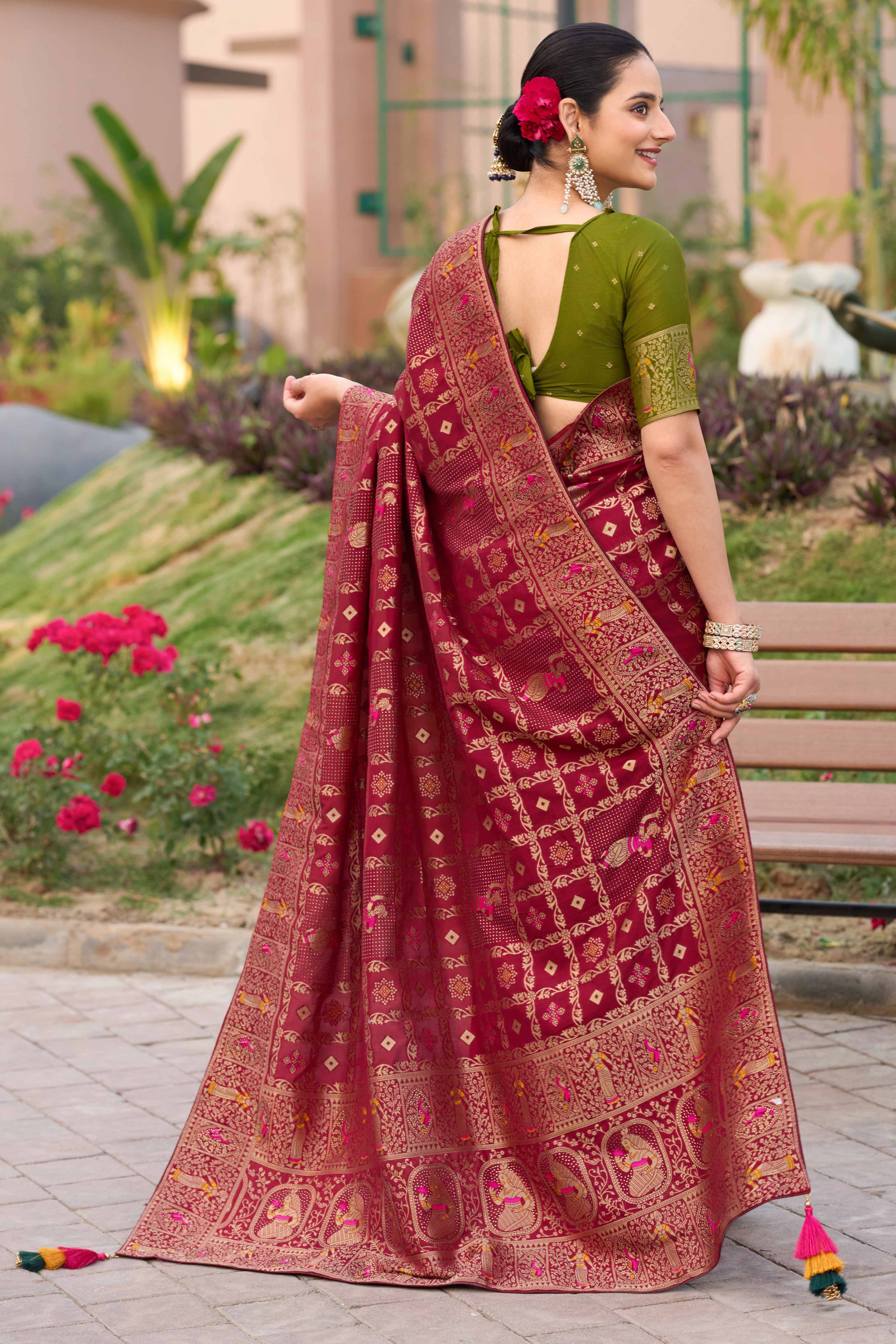 Wine Dola Silk Saree Featuring Intricate Gharchola Woven Design - Image 4