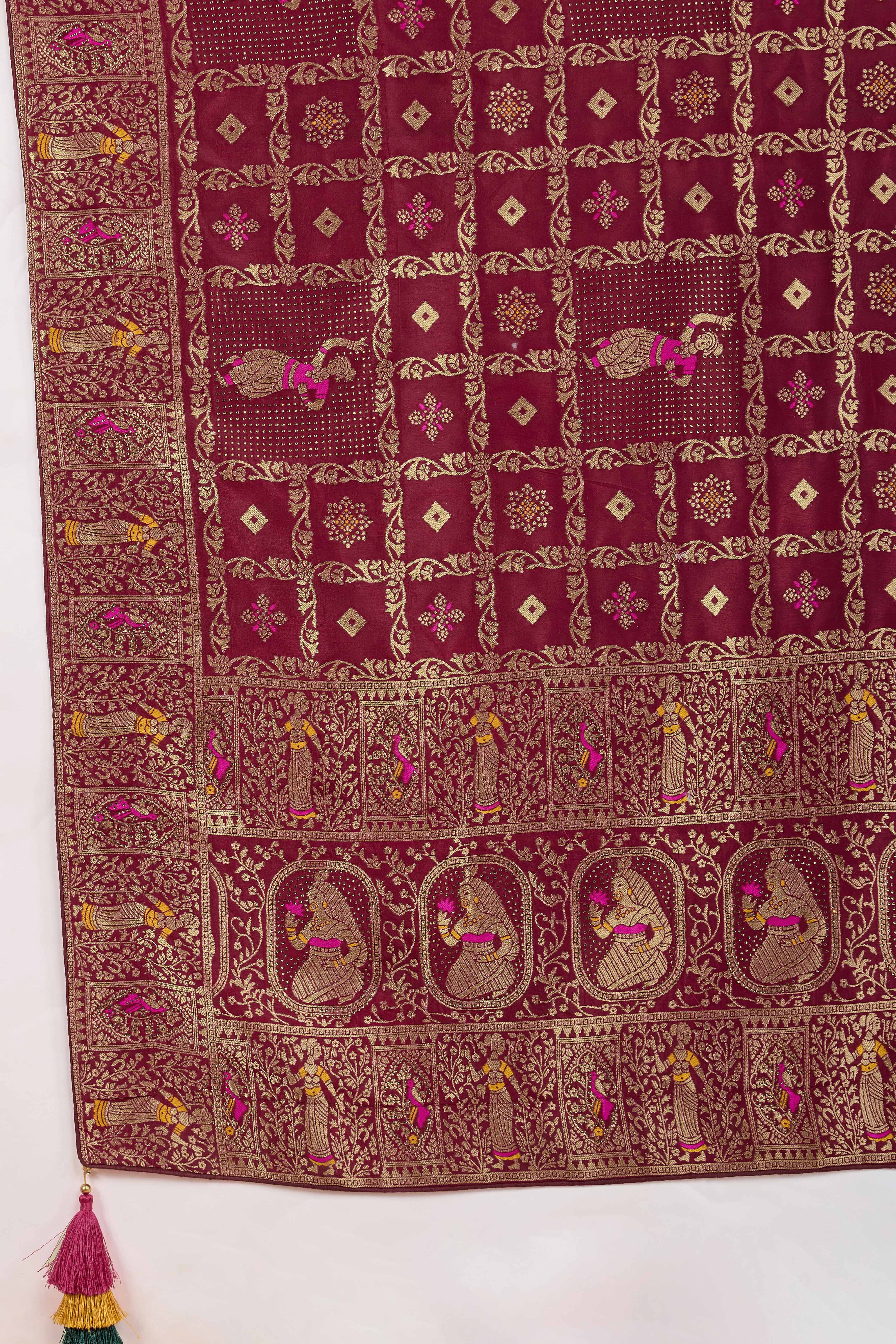 Wine Dola Silk Saree Featuring Intricate Gharchola Woven Design - Image 8