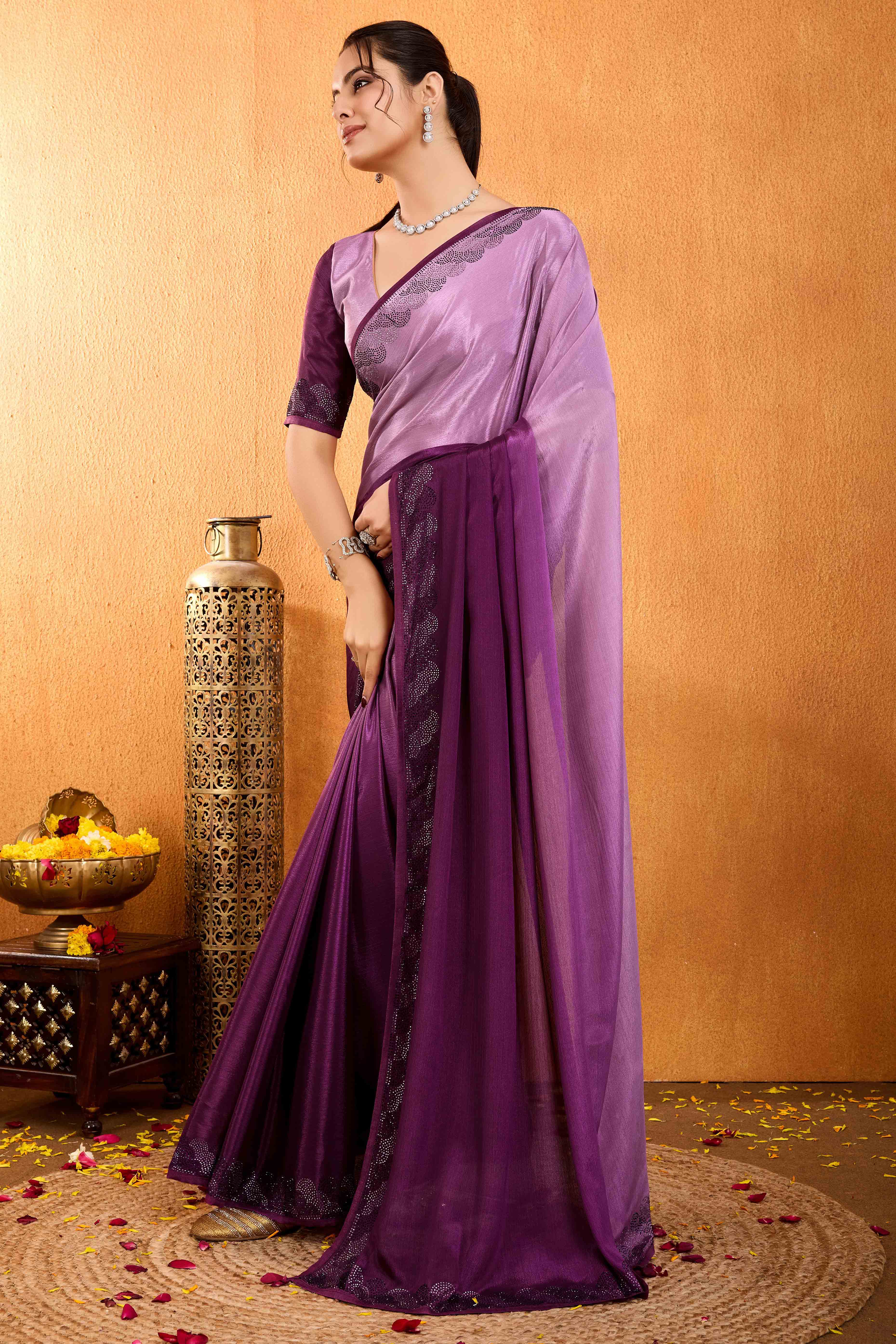 Wine Dual Tone Swarovski Work Chinon Ombre Saree - Image 3
