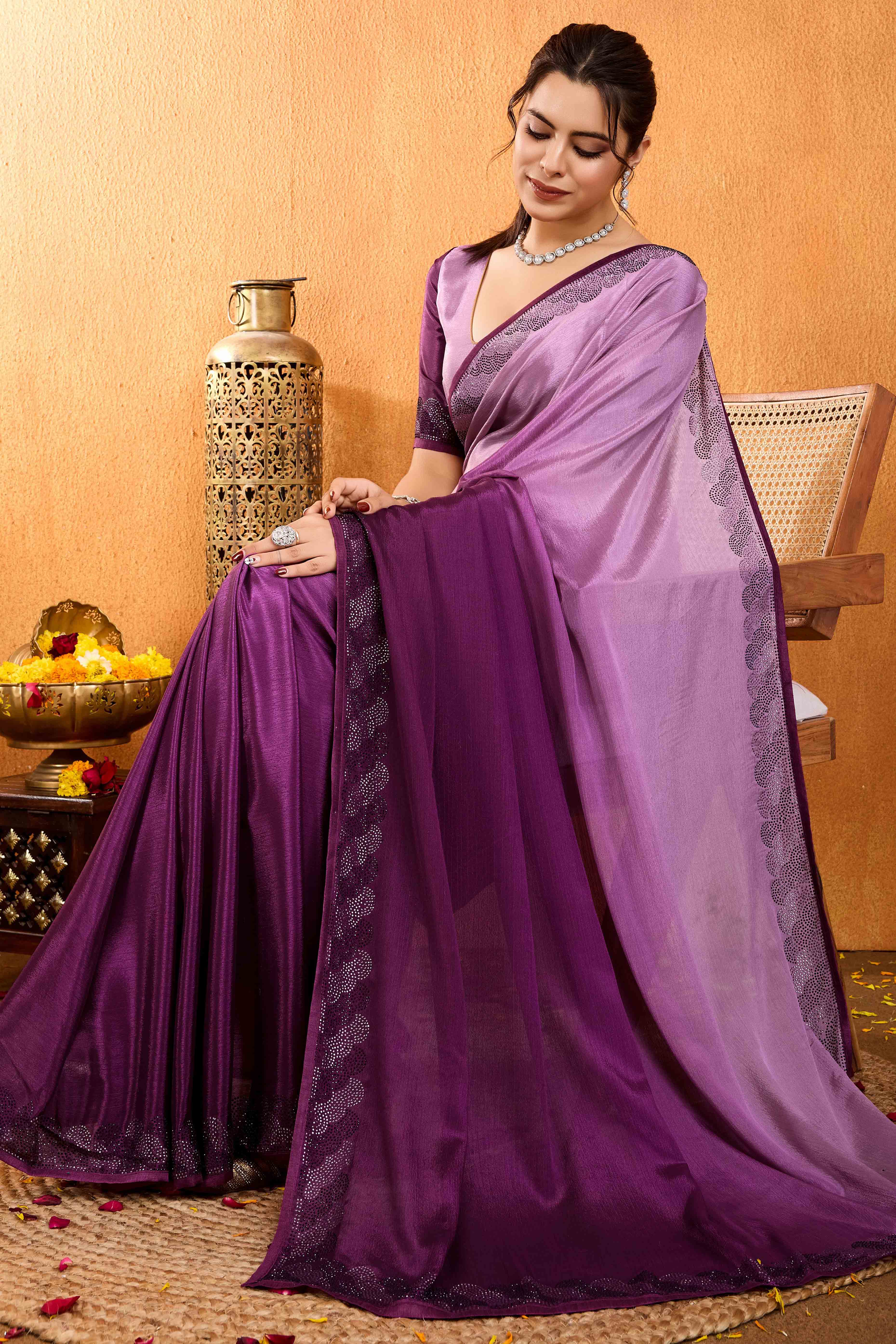 Wine Dual Tone Swarovski Work Chinon Ombre Saree - Image 4