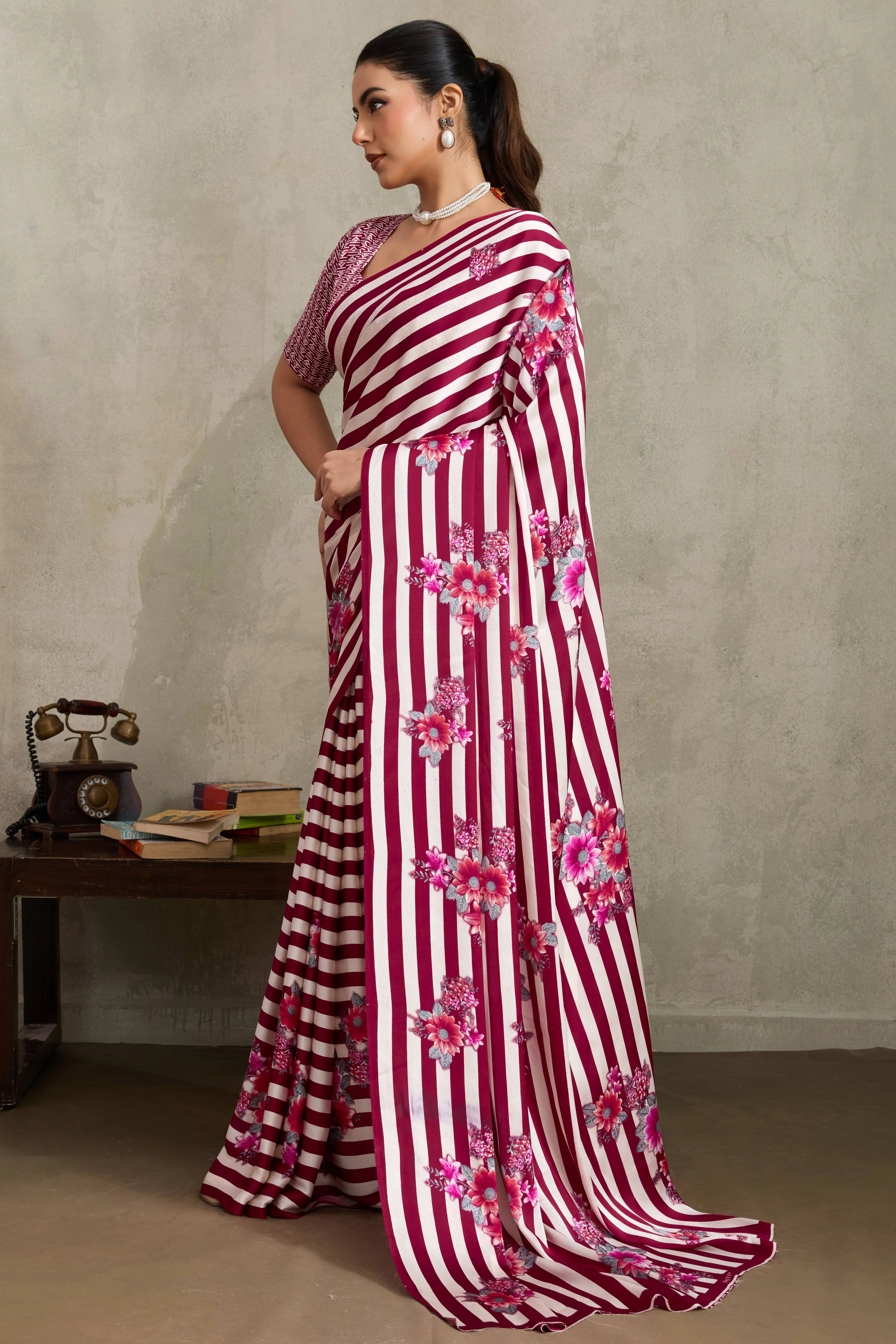 Wine Elegant Ajrakh Printed Modal Satin Saree Designed for Festive & Party Occasions - Image 4