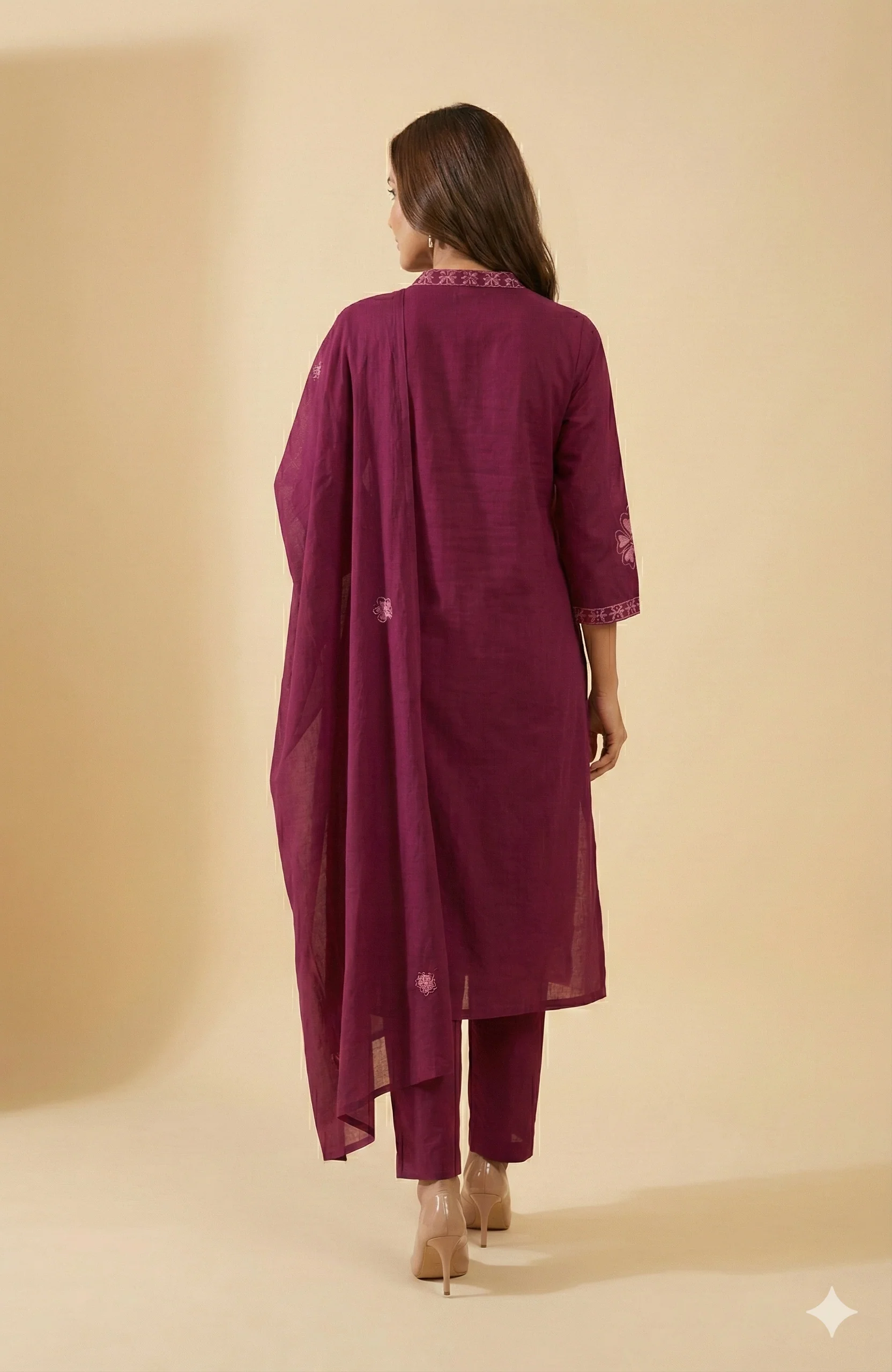 Wine Elegant Floral Embroidered Pure cotton A-Line Salwar Suit for Festive Wear - Image 3