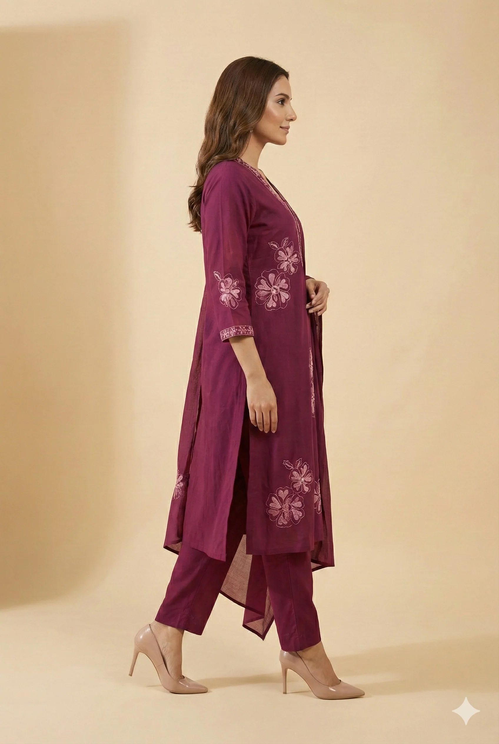 Wine Elegant Floral Embroidered Pure cotton A-Line Salwar Suit for Festive Wear - Image 4