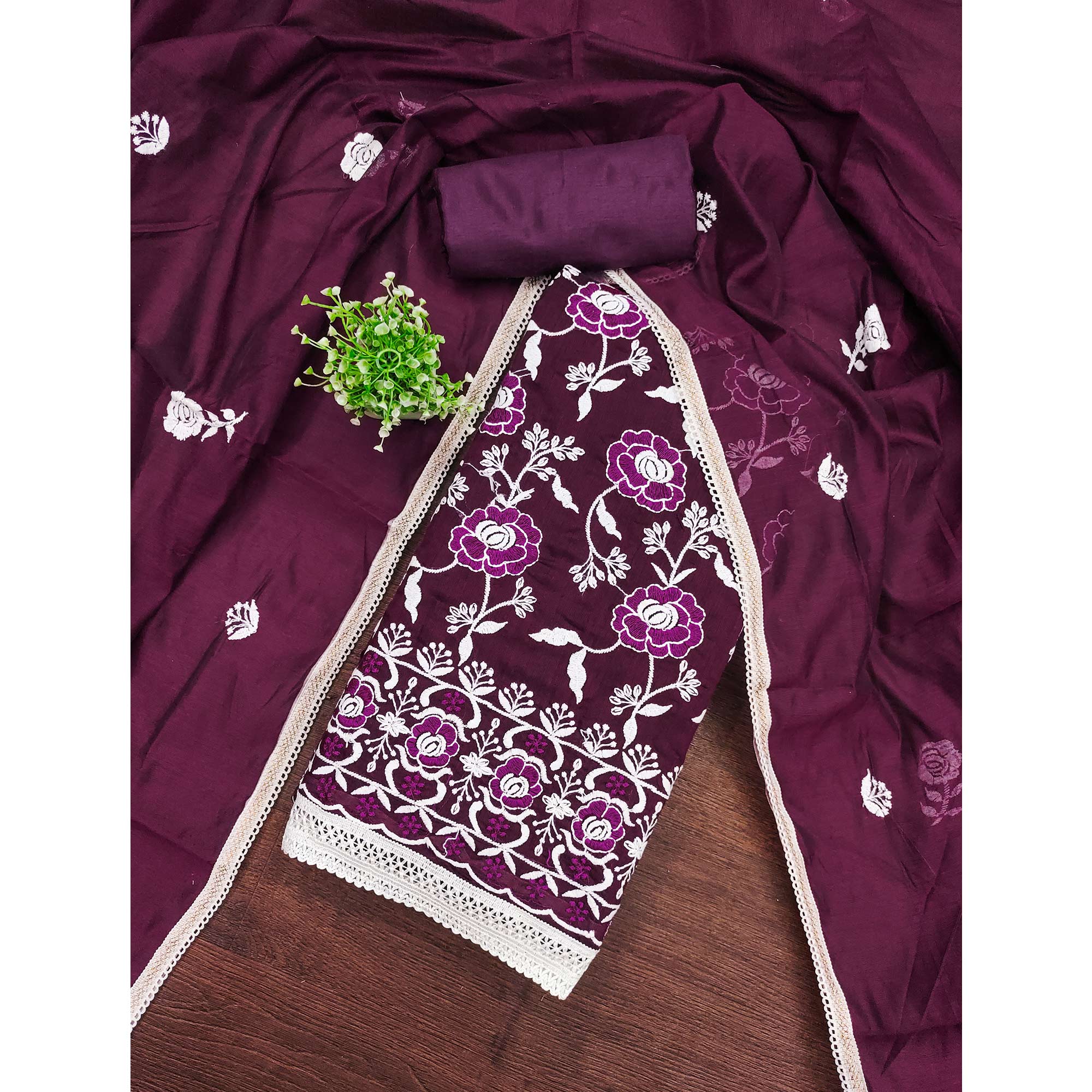 Wine Embroidered Chanderi Cotton Suit Fabric with Floral Detailing - Image 3