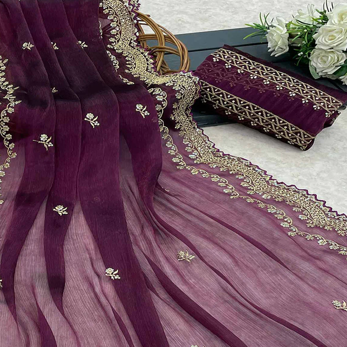 Wine Embroidered Chiffon Saree - Image 2