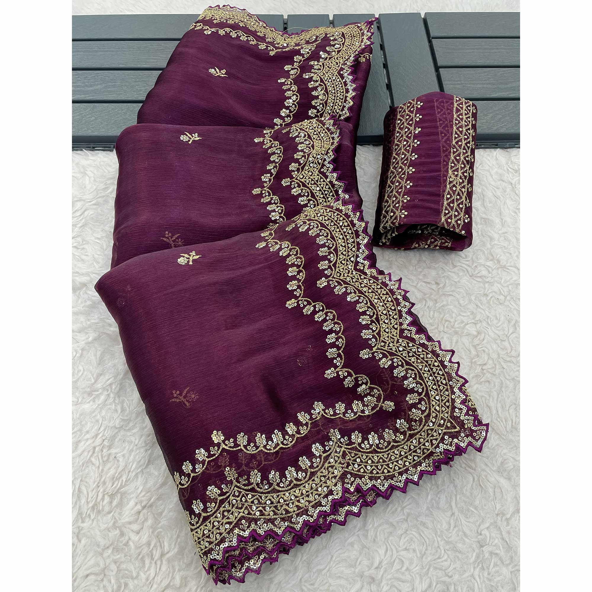 Wine Embroidered Chiffon Saree - Image 3