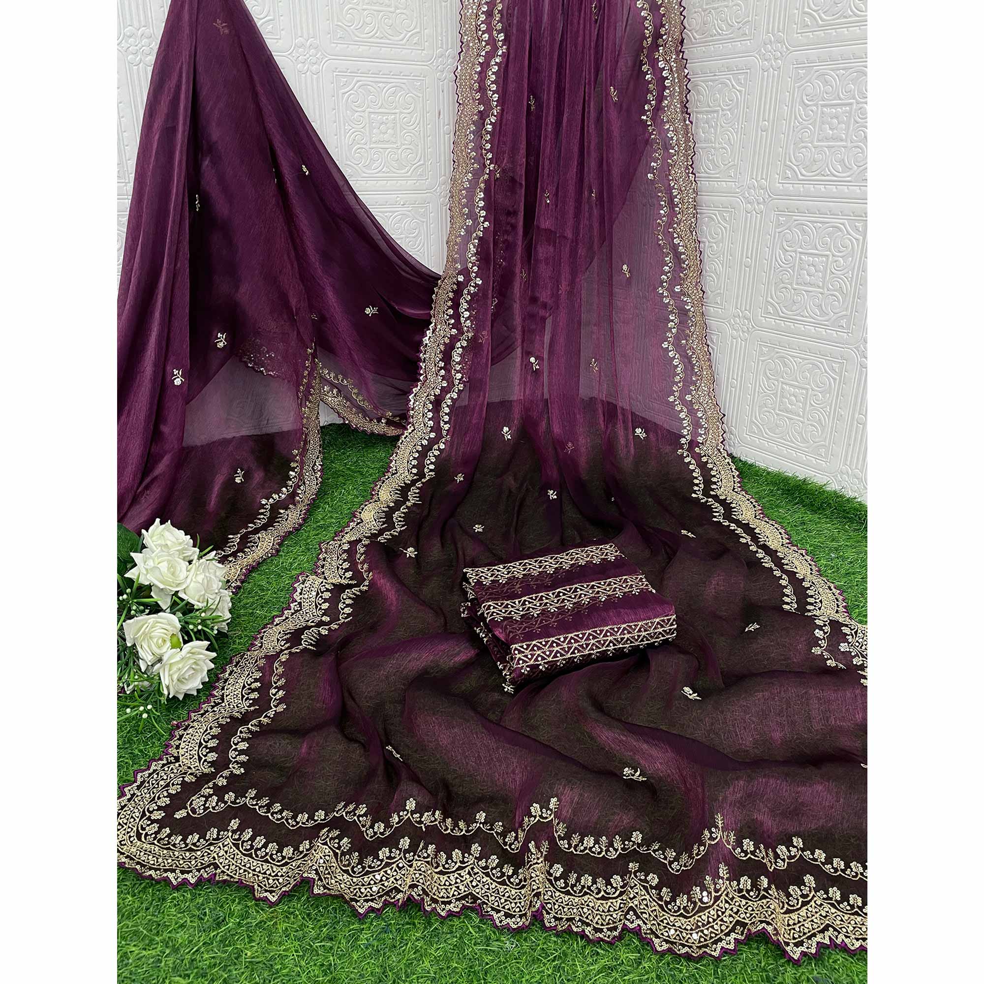 Wine Embroidered Chiffon Saree - Image 4