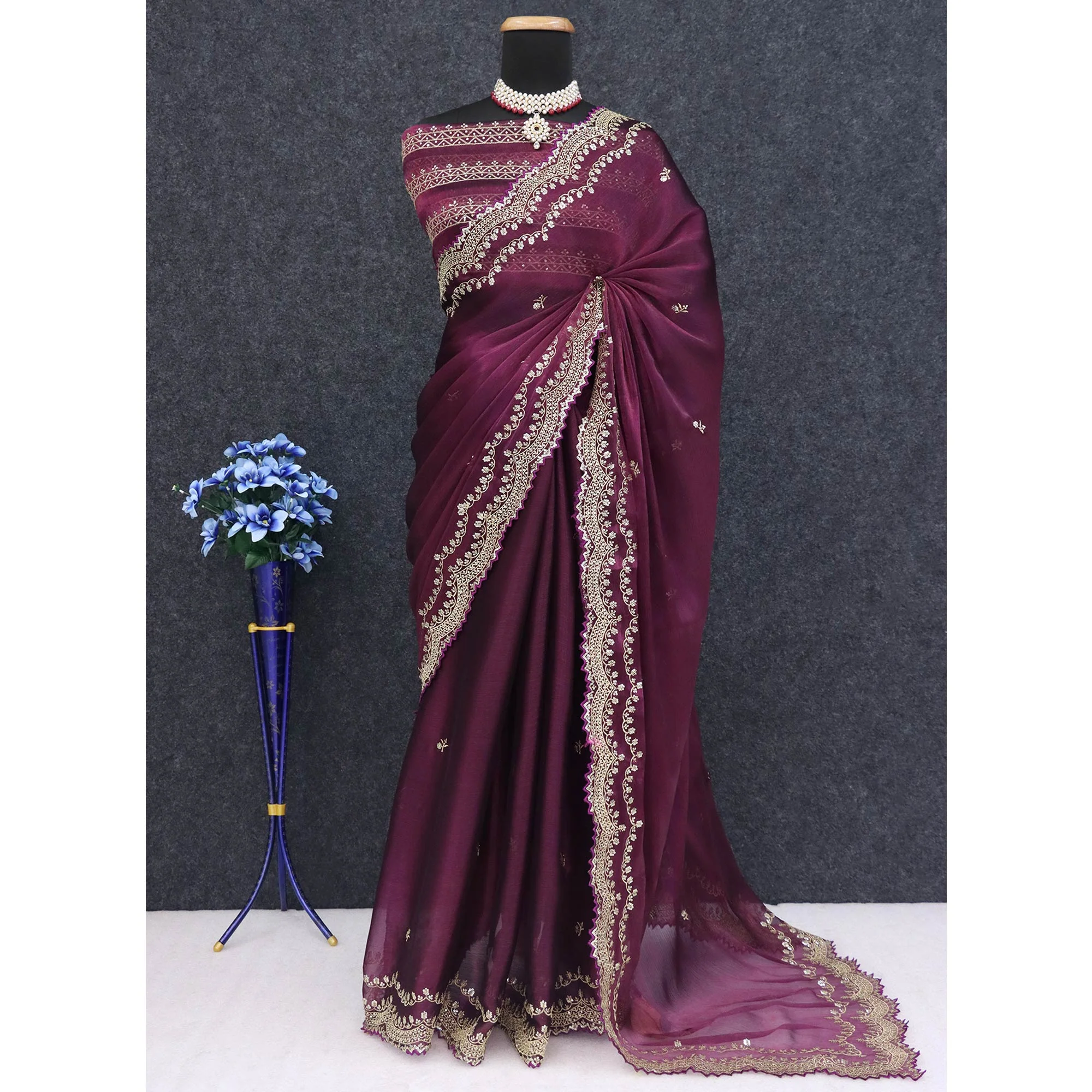 Wine Embroidered Chiffon Saree - Image 5