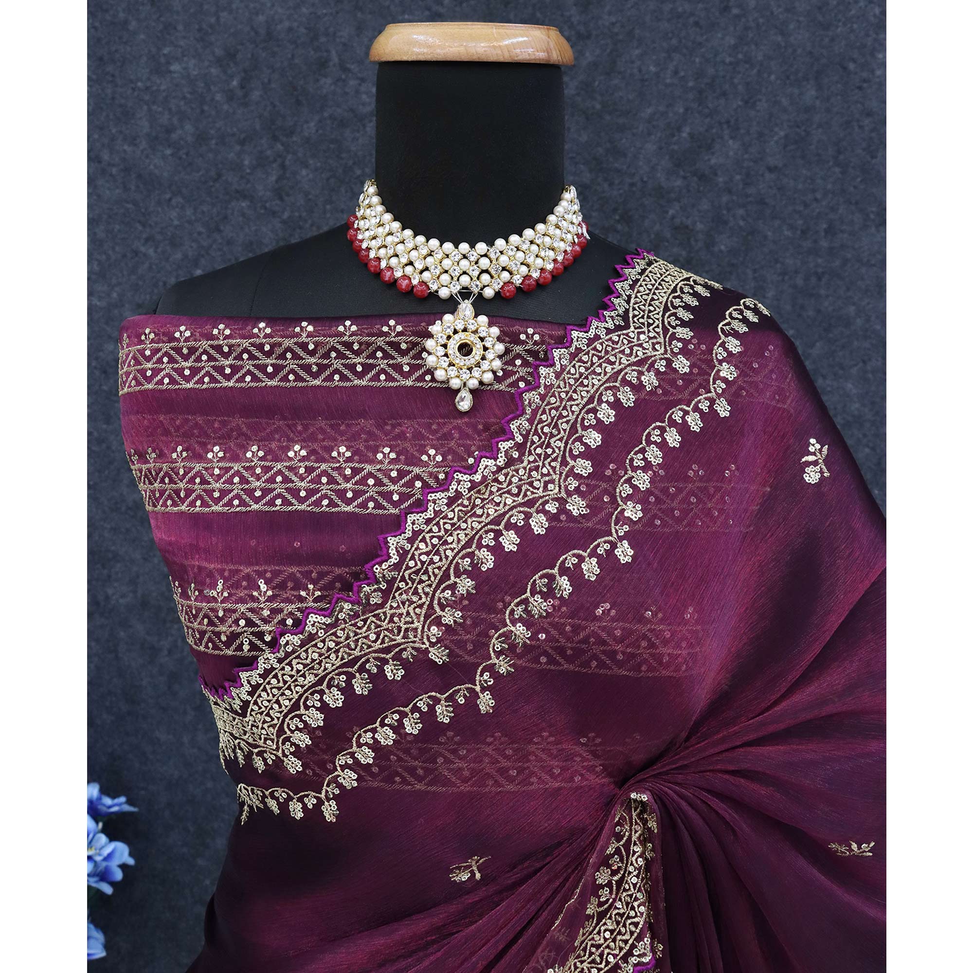 Wine Embroidered Chiffon Saree - Image 6