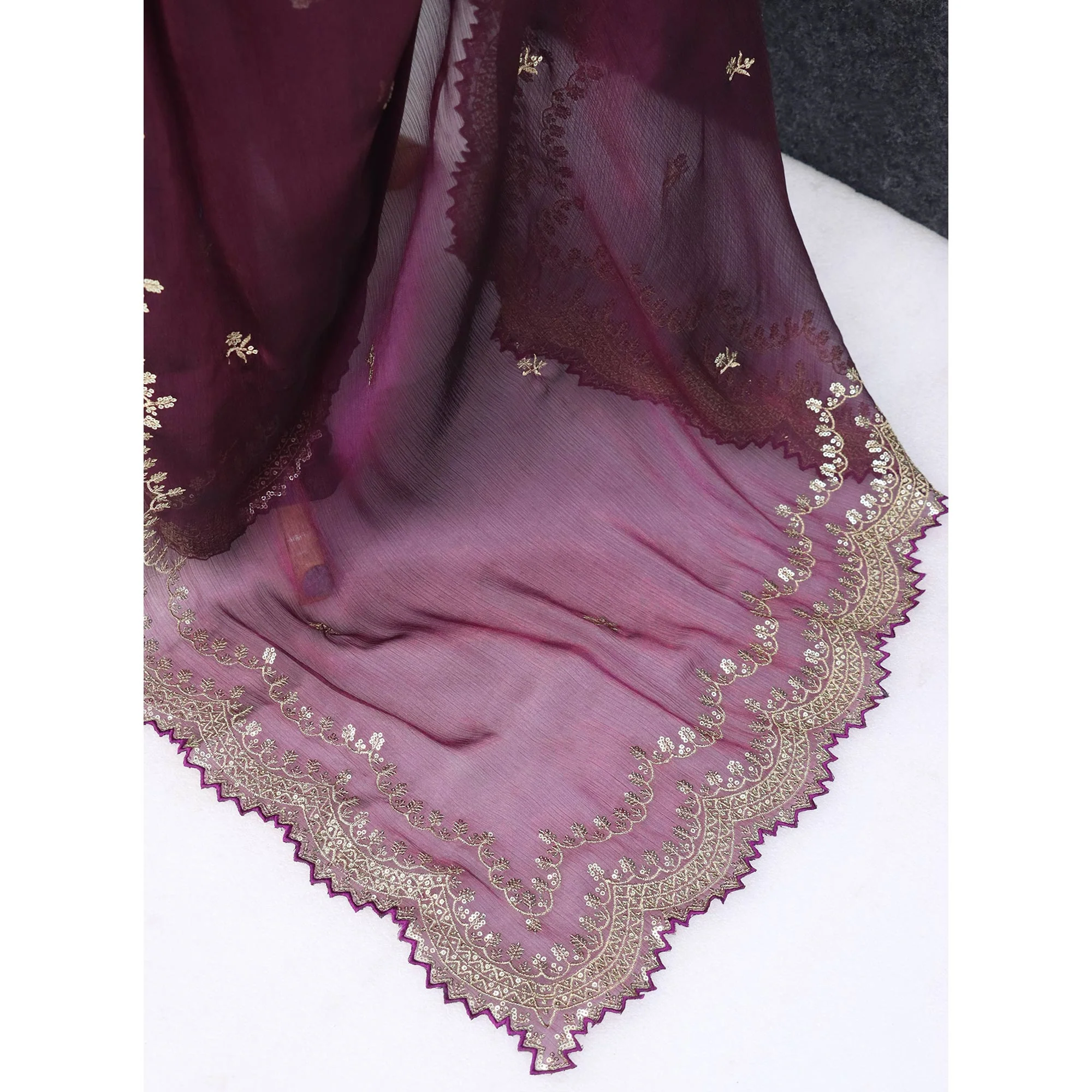 Wine Embroidered Chiffon Saree - Image 7