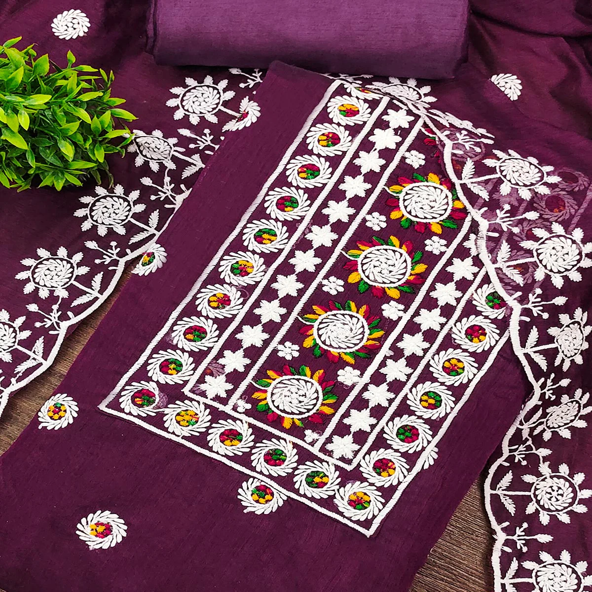 Wine Embroidered Cotton Blend Suit Fabric with Soft Floral Detailing - Image 2