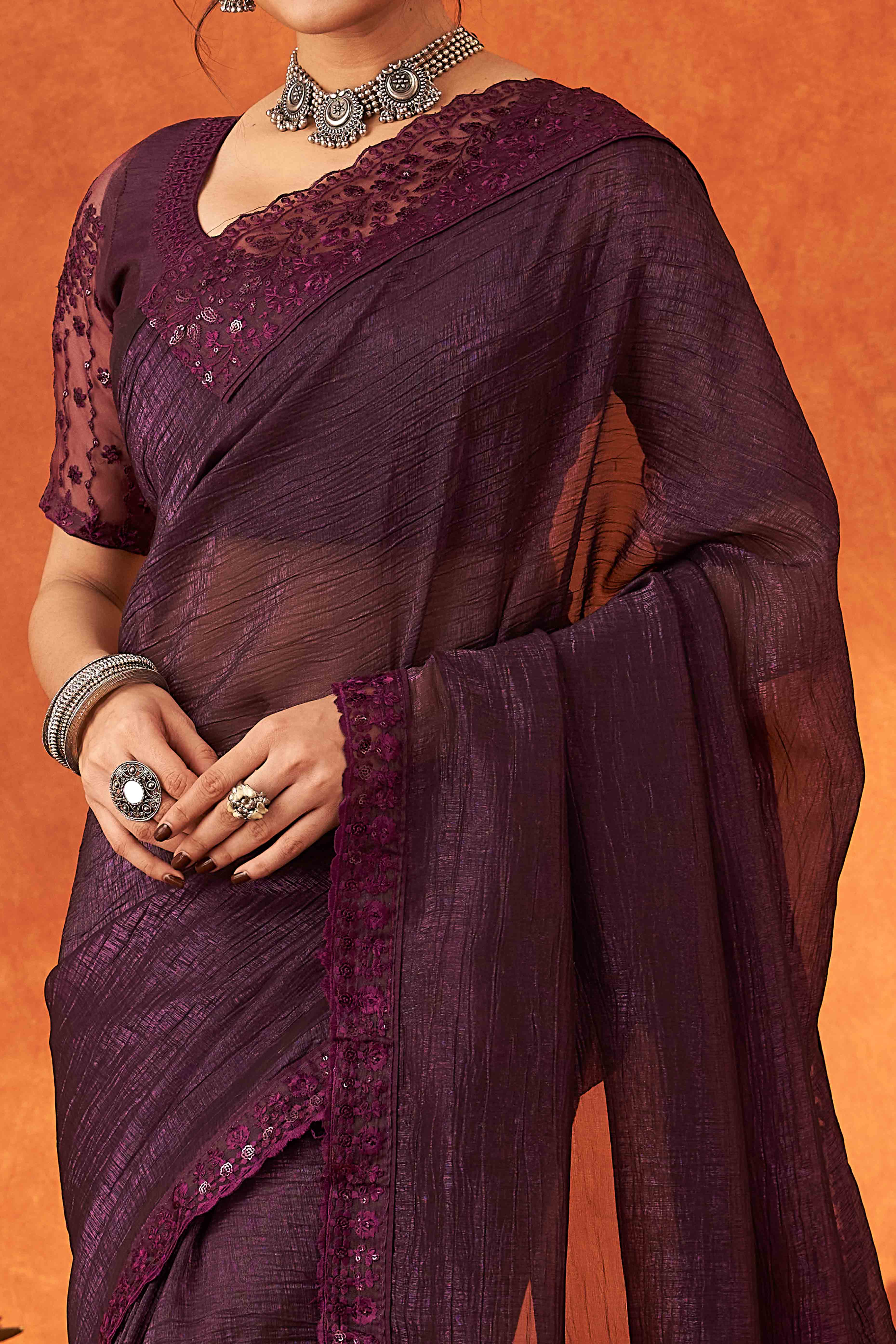 Wine Embroidered Crunchy Soft Net Saree With Embellished Border - Image 2