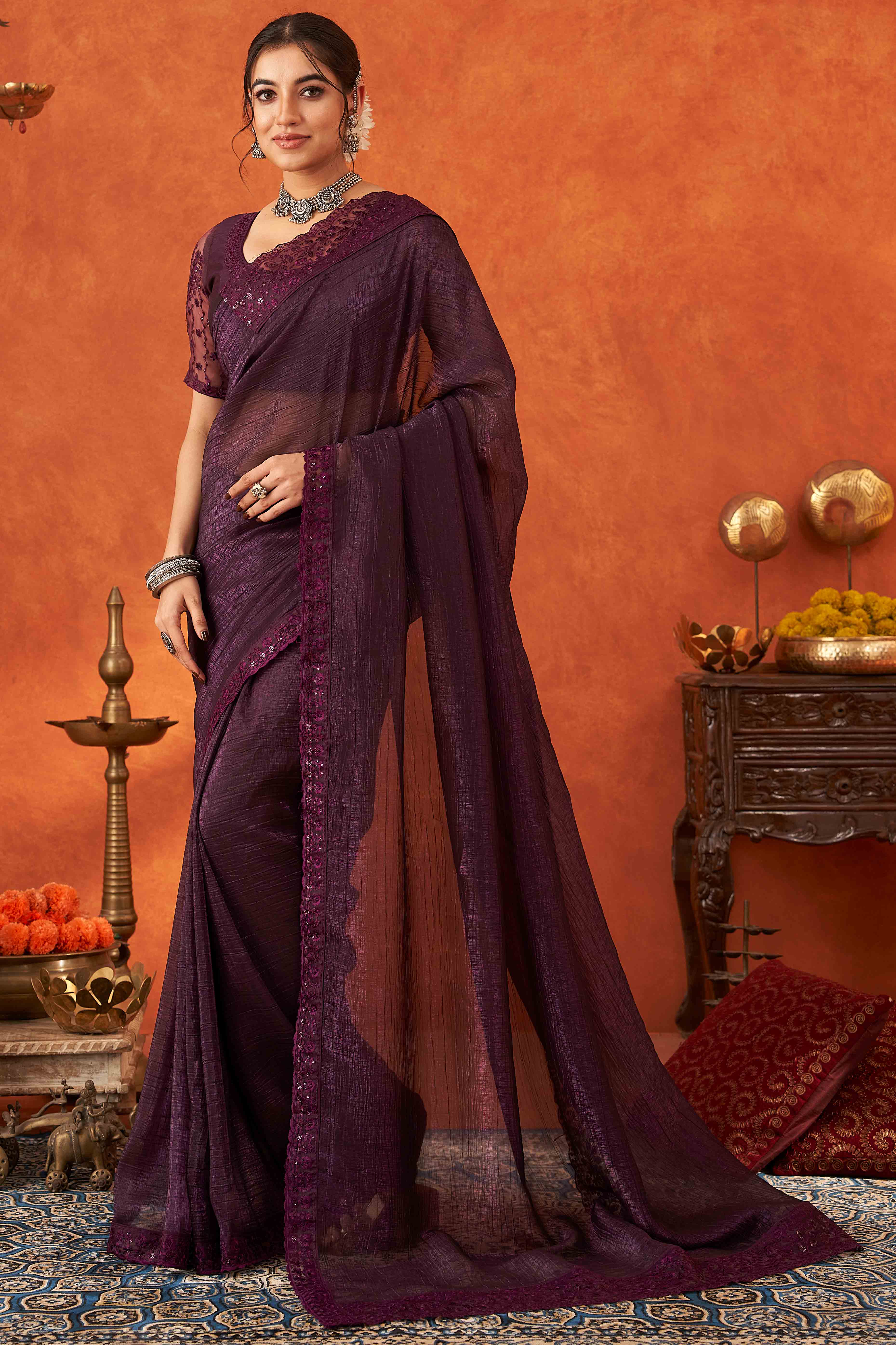 Wine Embroidered Crunchy Soft Net Saree With Embellished Border - Image 3