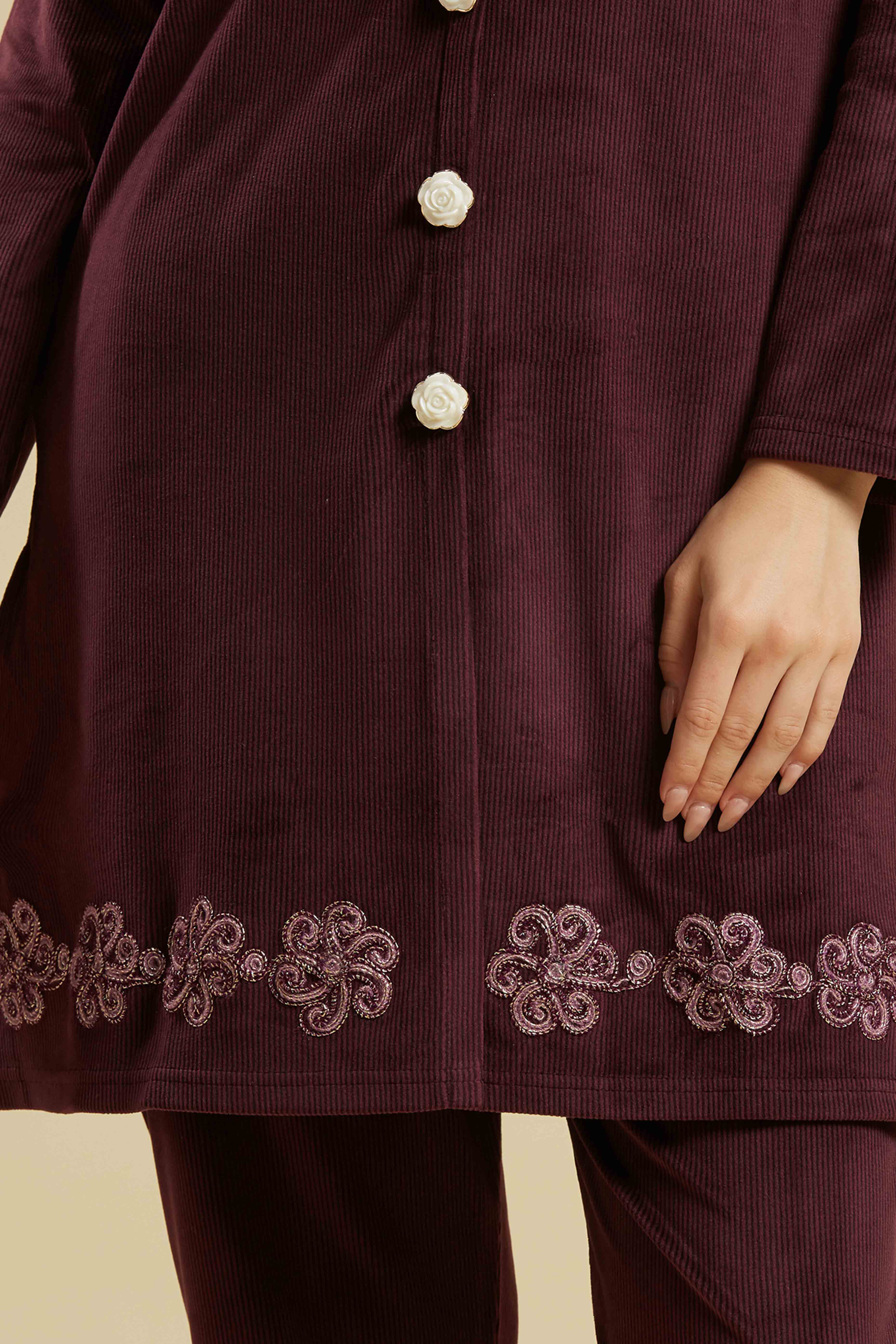 Wine Embroidered Velvet A-Line Top Bottom Set - Image 10