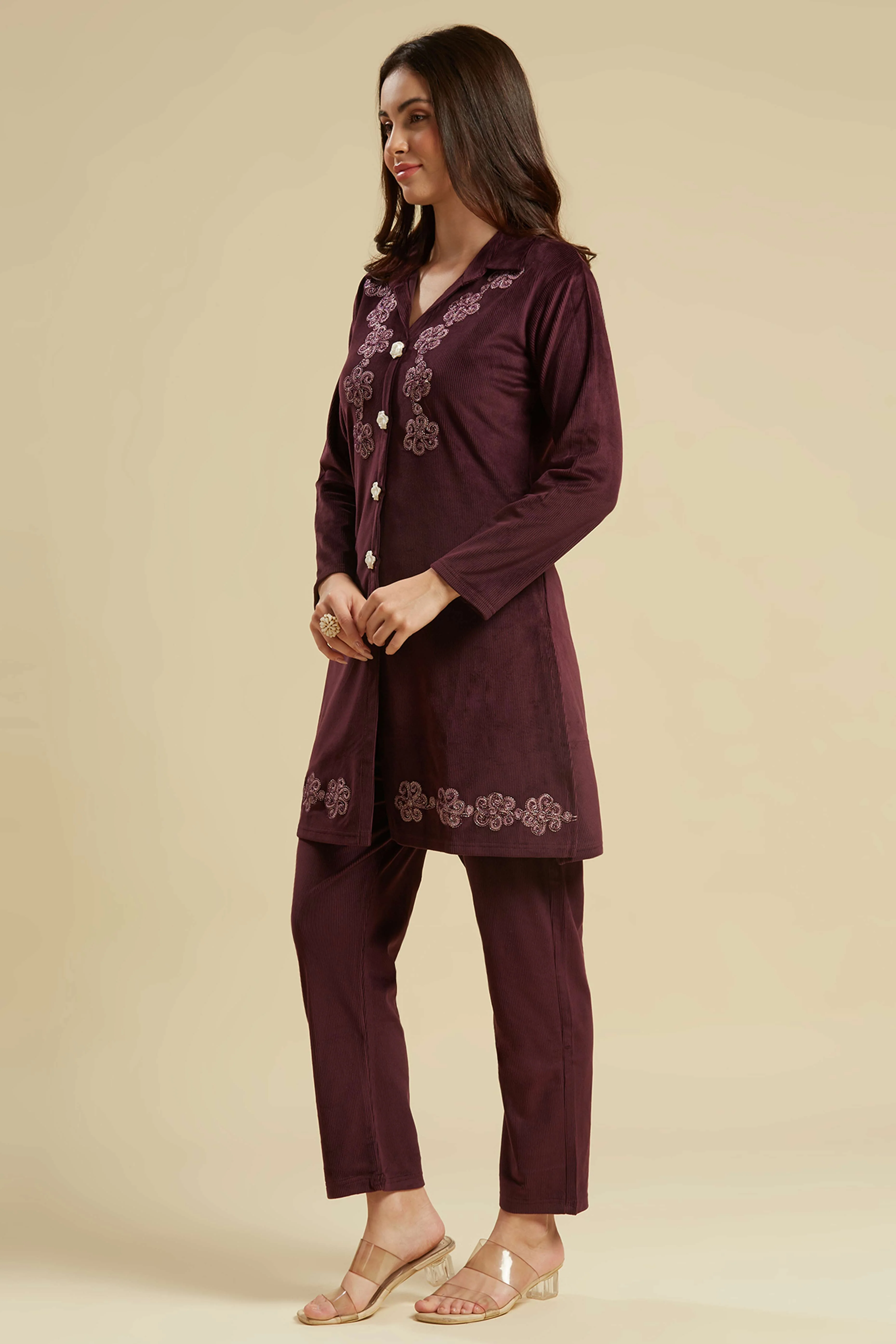 Wine Embroidered Velvet A-Line Top Bottom Set - Image 5