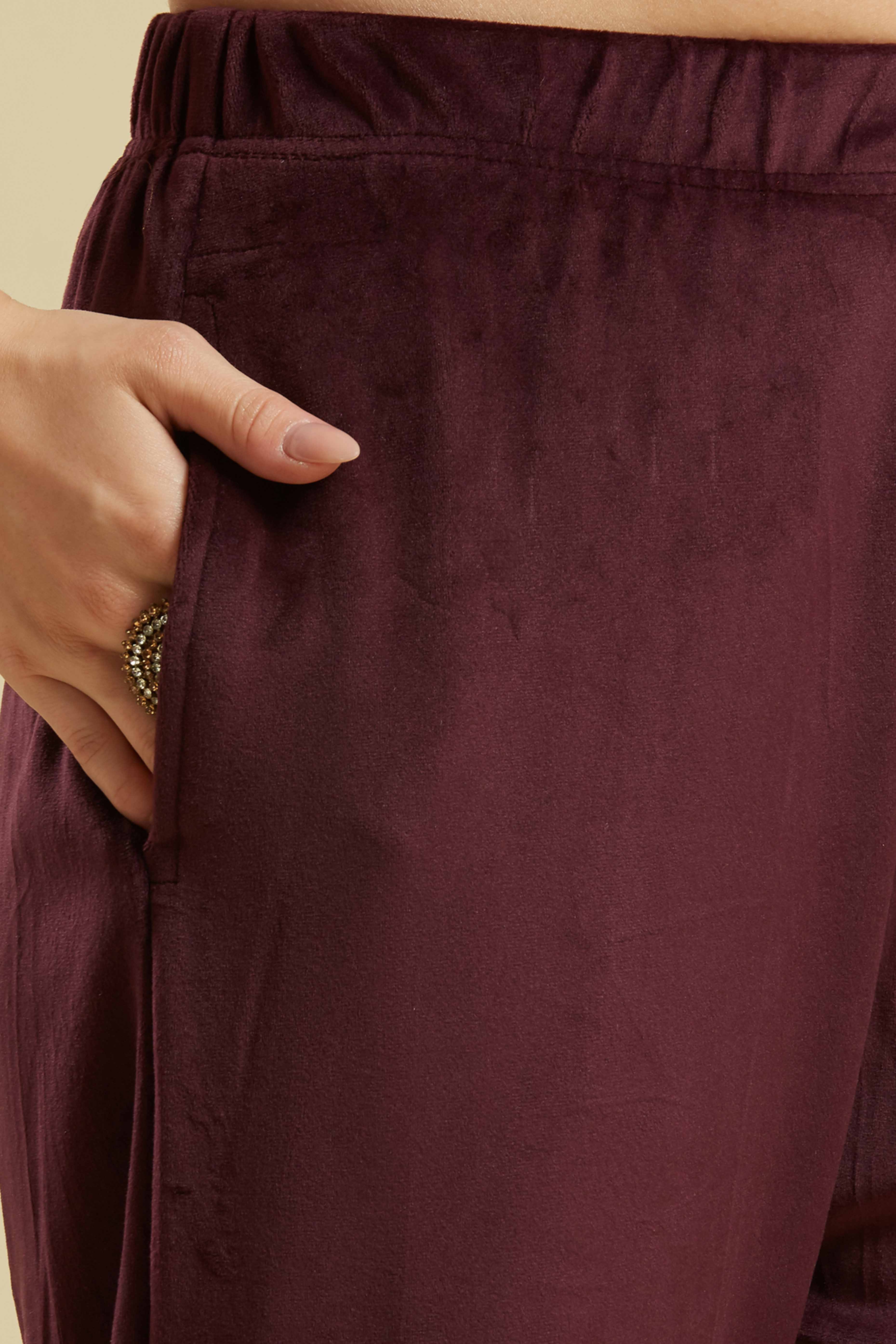 Wine Embroidered Velvet Straight Salwar Suit - Image 8
