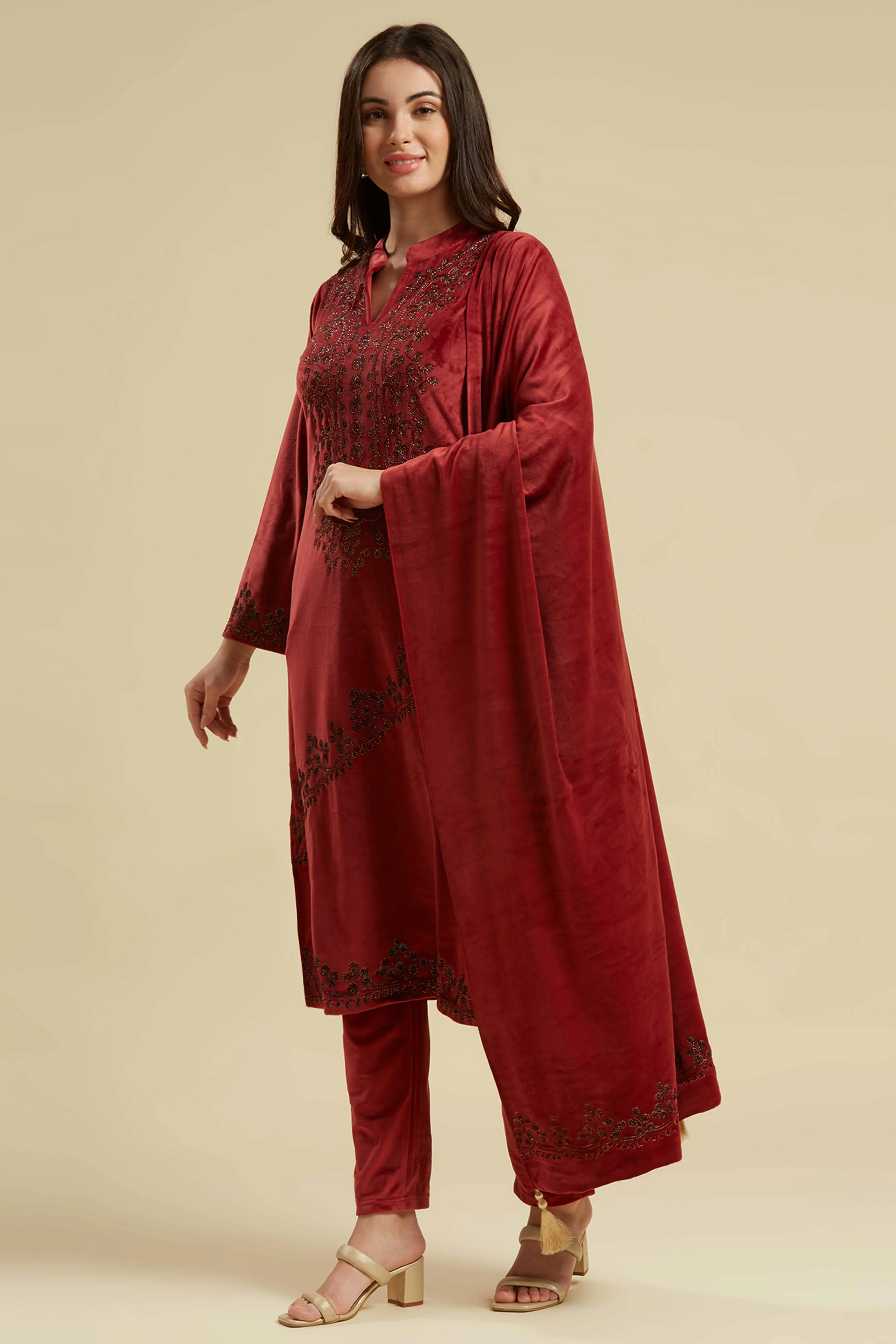 Wine Embroidered Velvet Straight Salwar Suit - Image 10