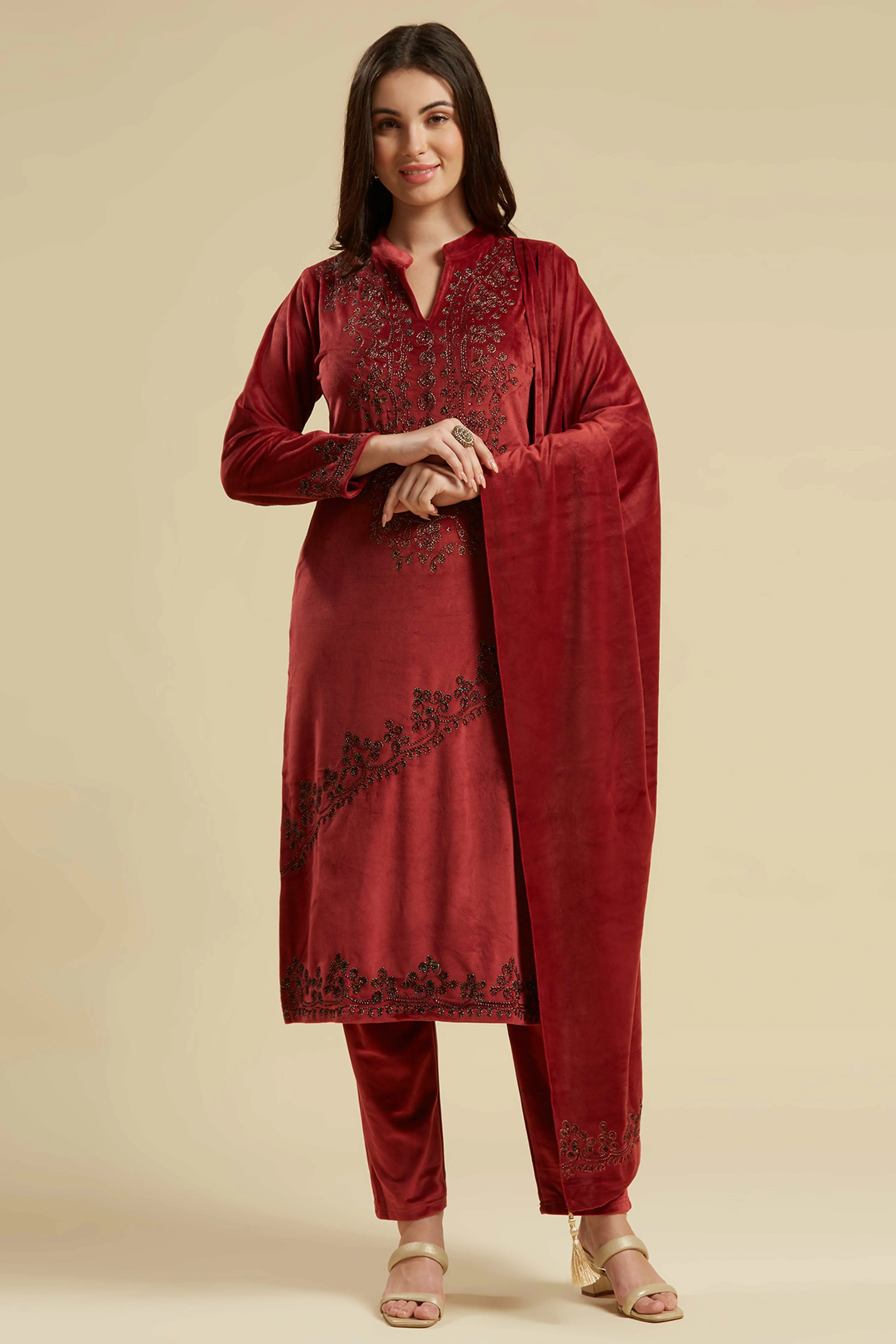 Wine Embroidered Velvet Straight Salwar Suit - Image 11