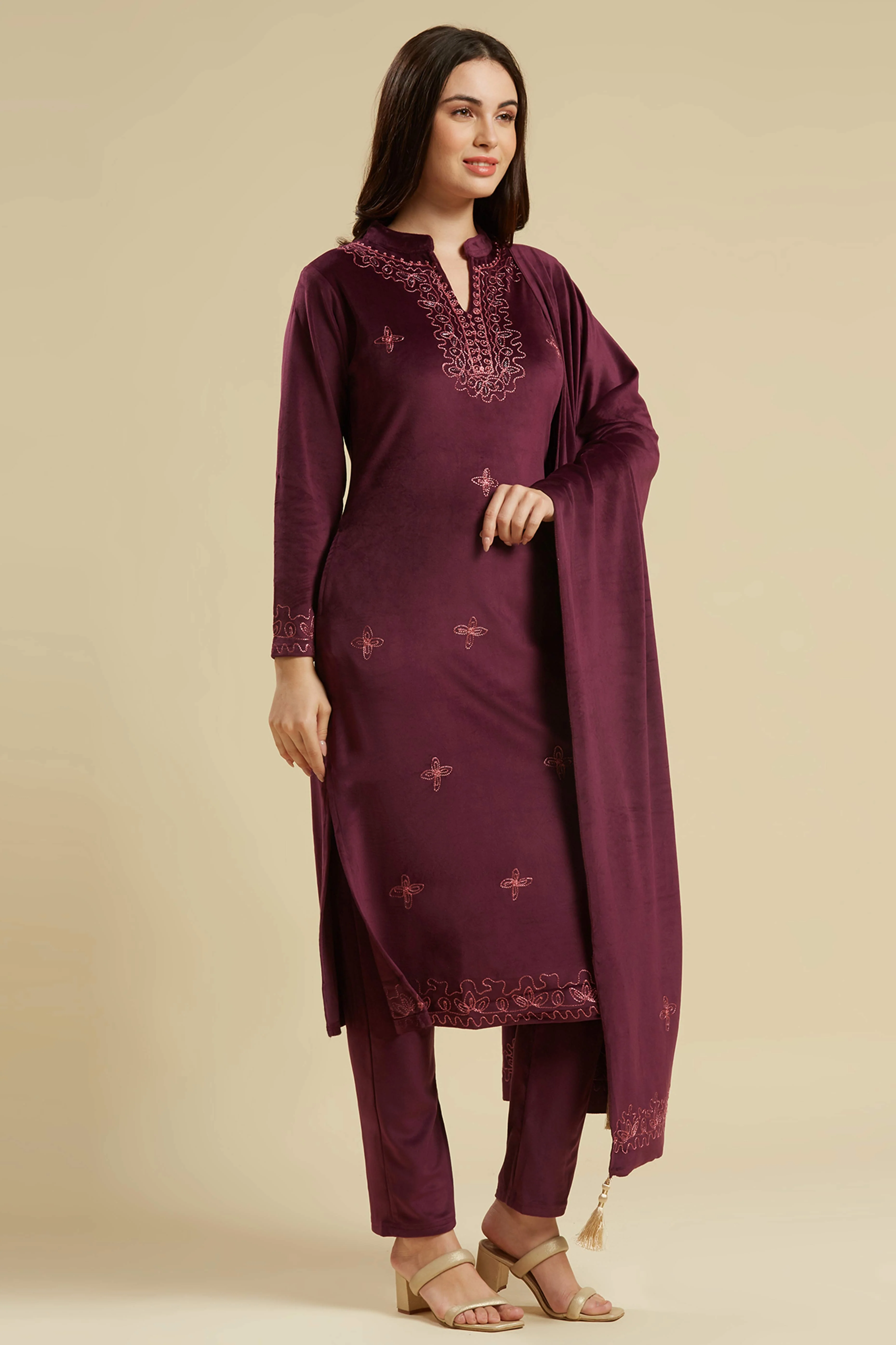 Wine Embroidered Velvet Straight Salwar Suit - Image 9