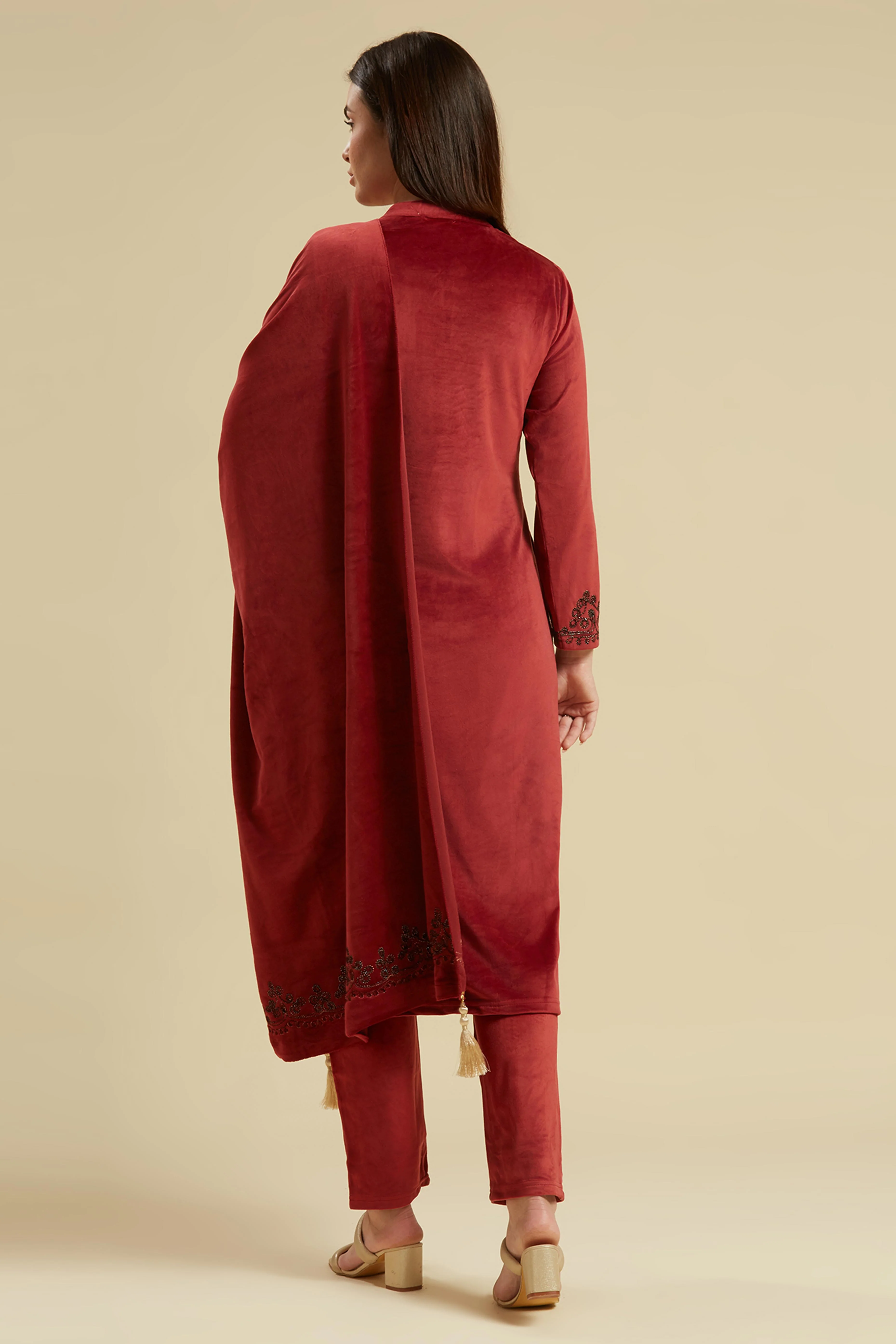 Wine Embroidered Velvet Straight Salwar Suit - Image 3