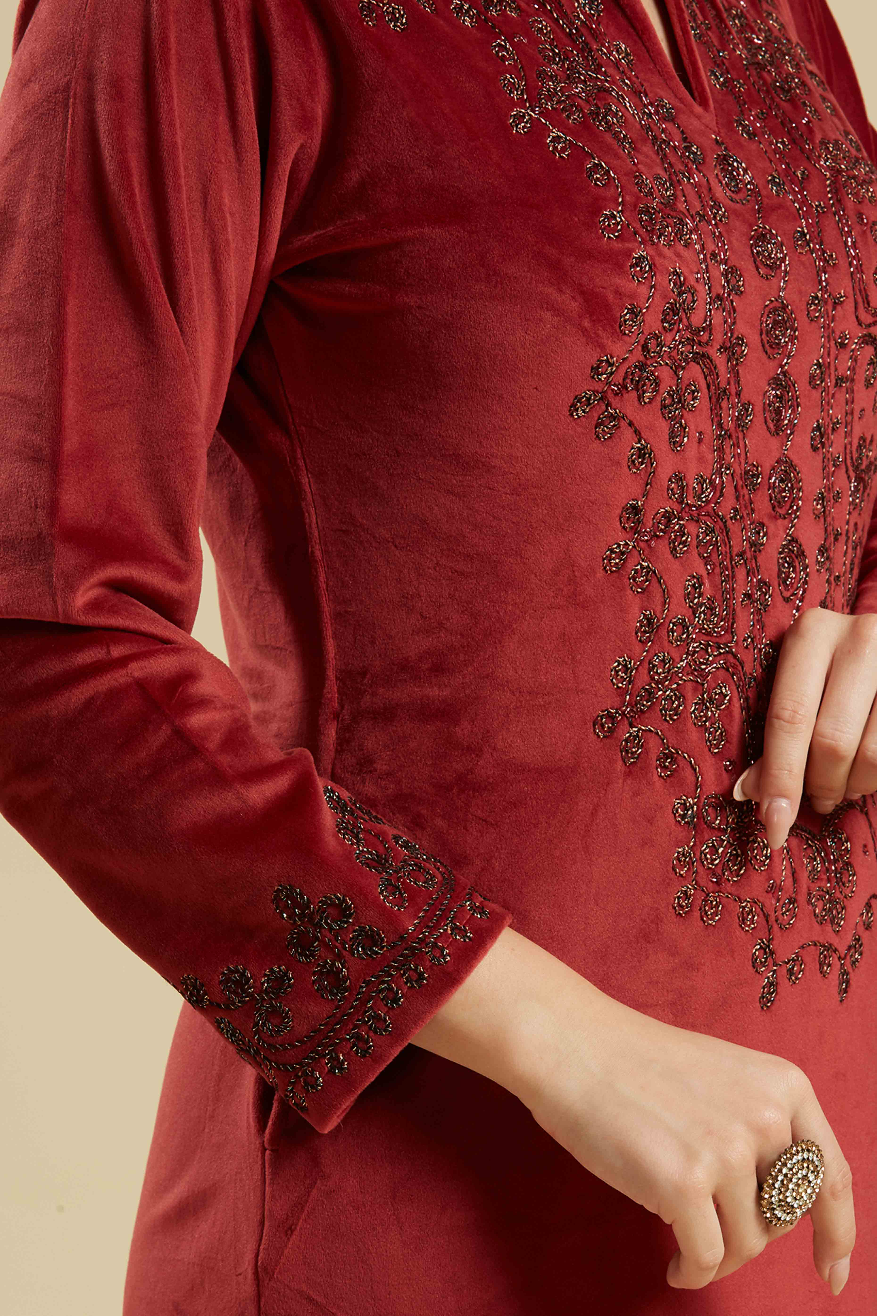 Wine Embroidered Velvet Straight Salwar Suit - Image 5