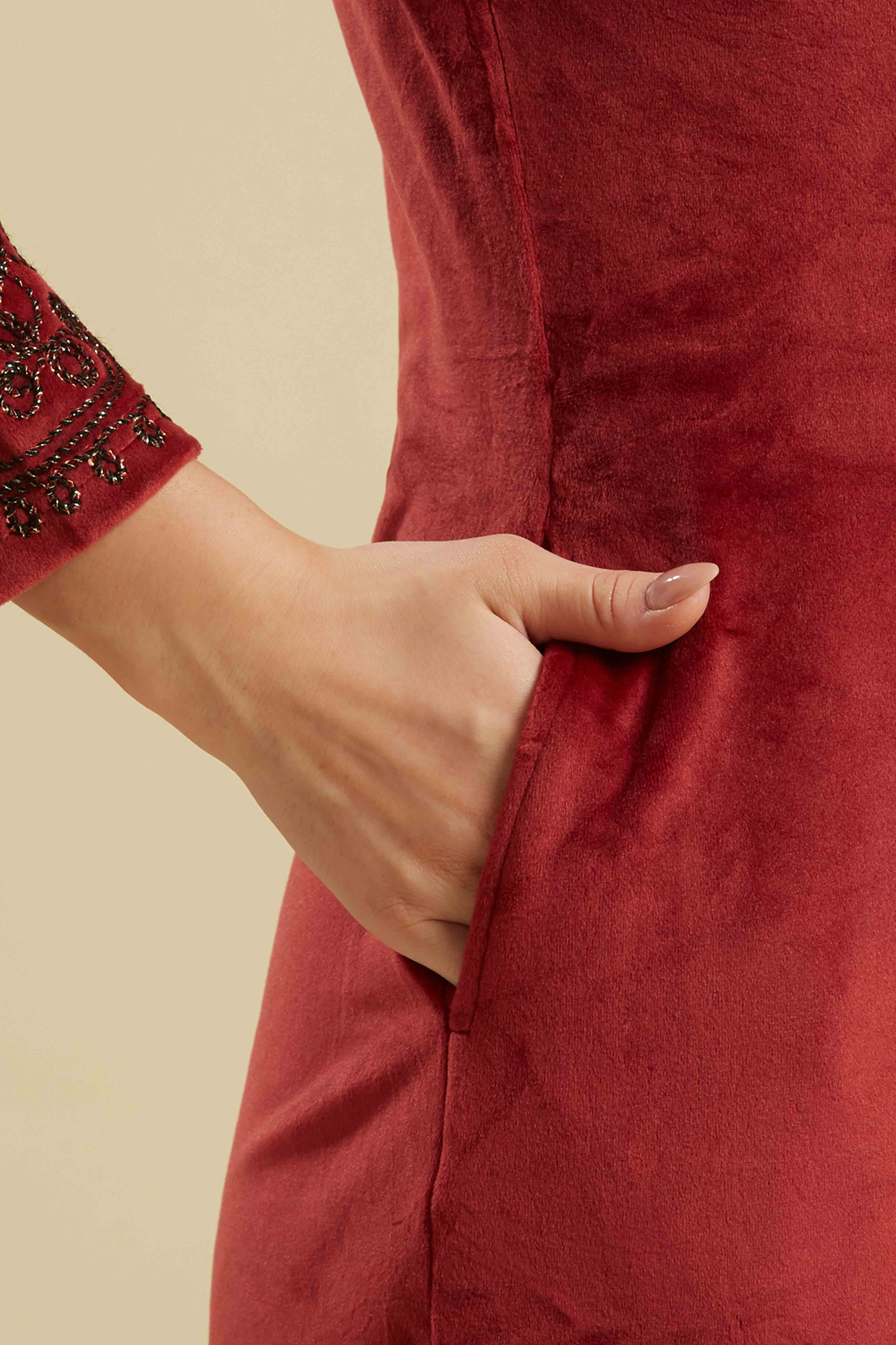 Wine Embroidered Velvet Straight Salwar Suit - Image 6