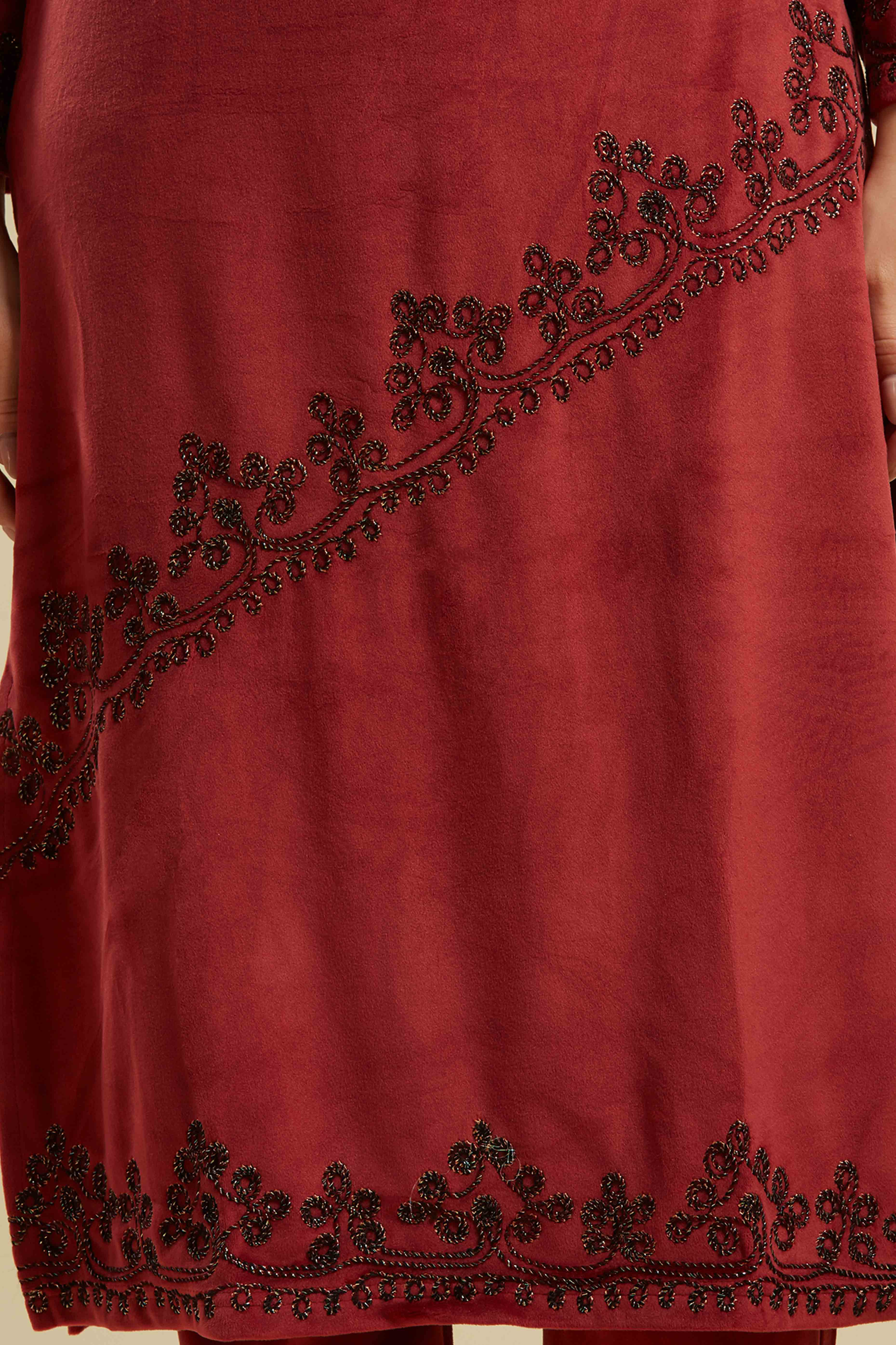 Wine Embroidered Velvet Straight Salwar Suit - Image 7