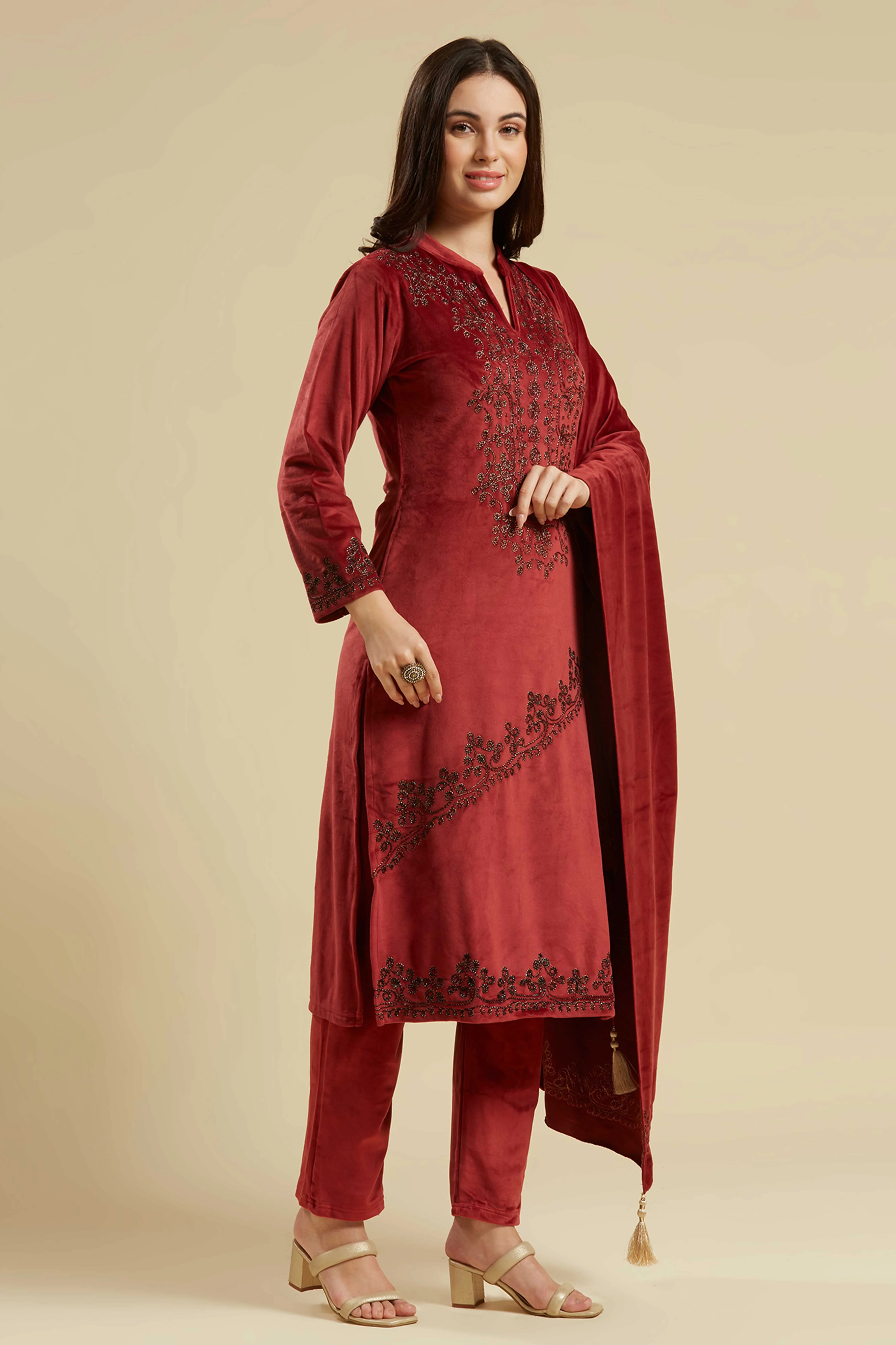 Wine Embroidered Velvet Straight Salwar Suit - Image 9