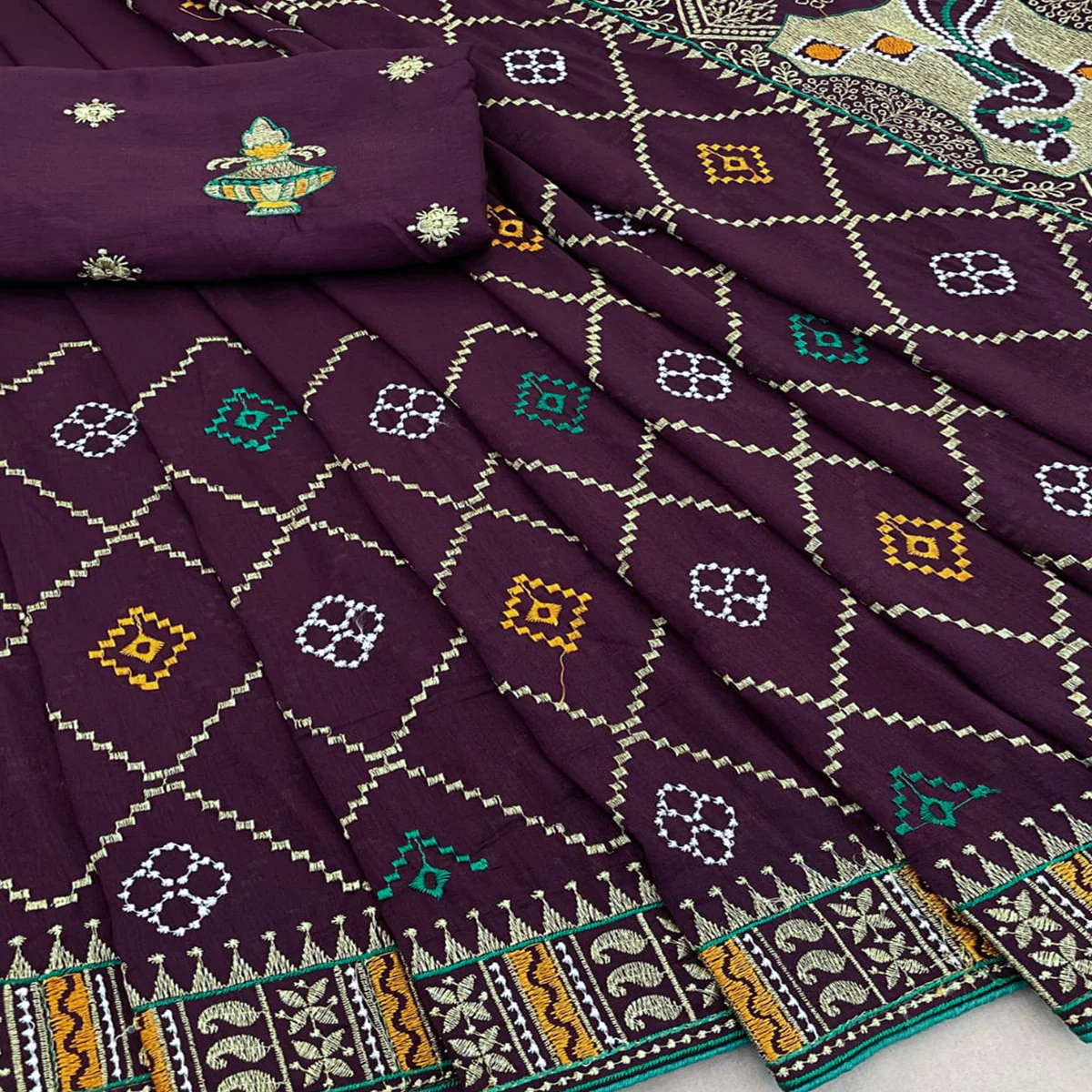 Wine Embroidered Vichitra Silk Saree - Image 2