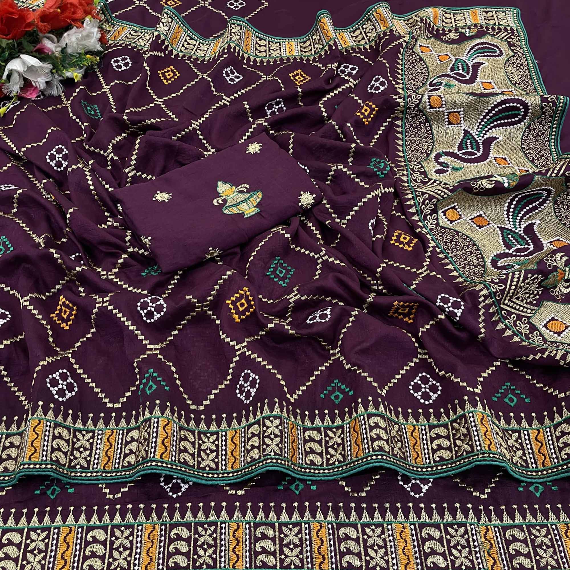Wine Embroidered Vichitra Silk Saree - Image 3