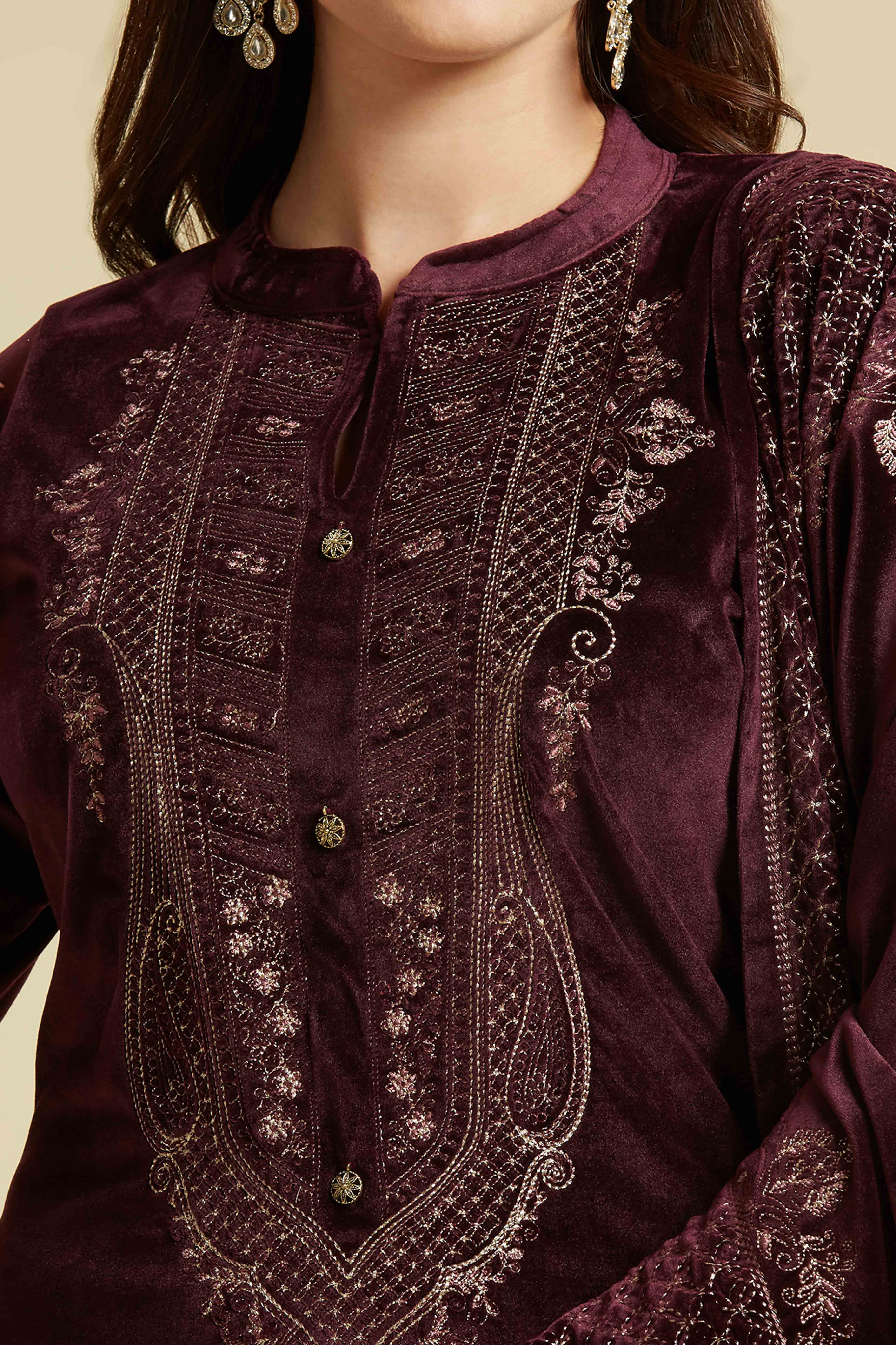 Wine Embroidered Woolen Straight Salwar Suit - Image 2