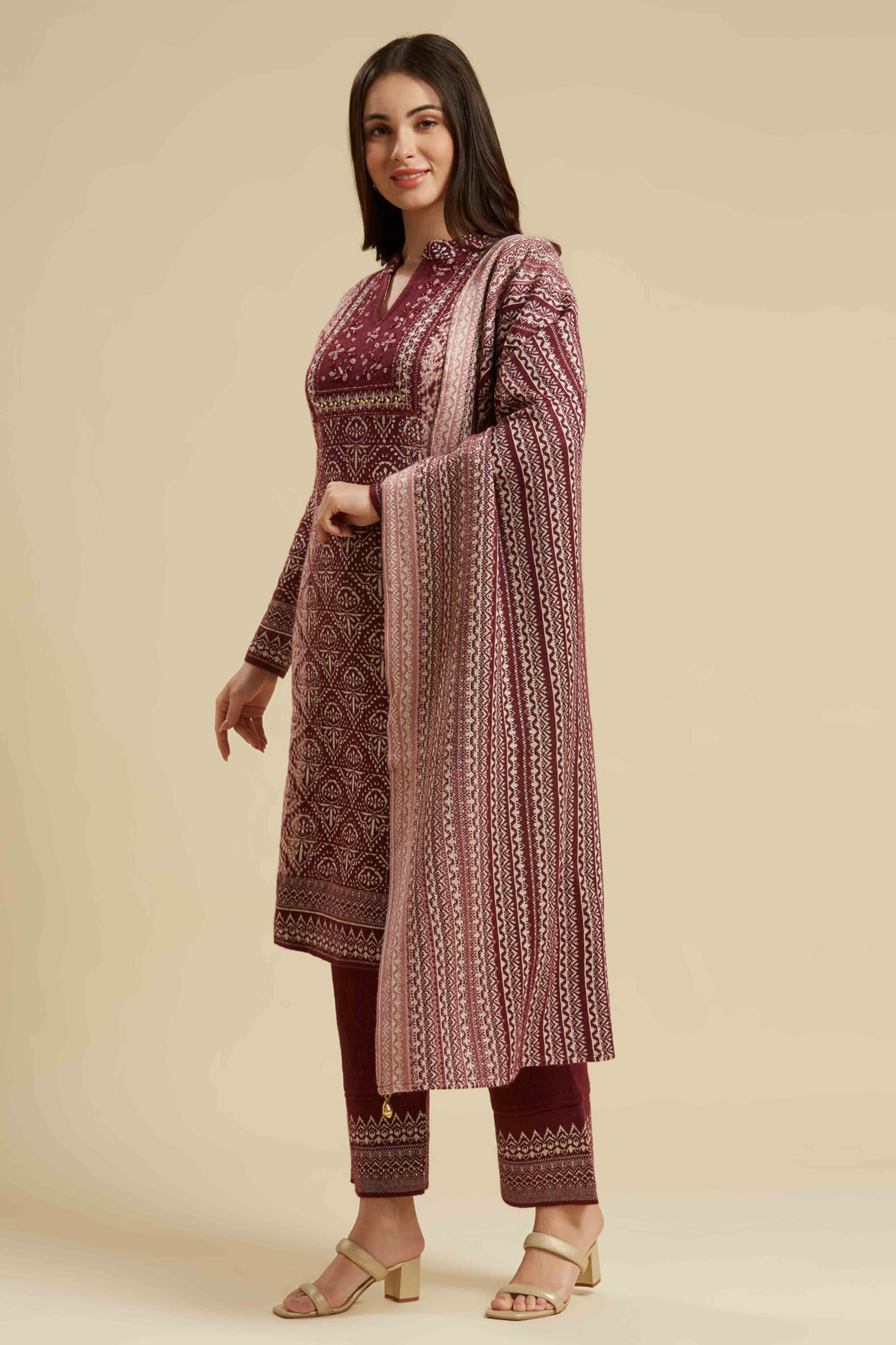 Wine Embroidered Woolen Straight Salwar Suit - Image 10