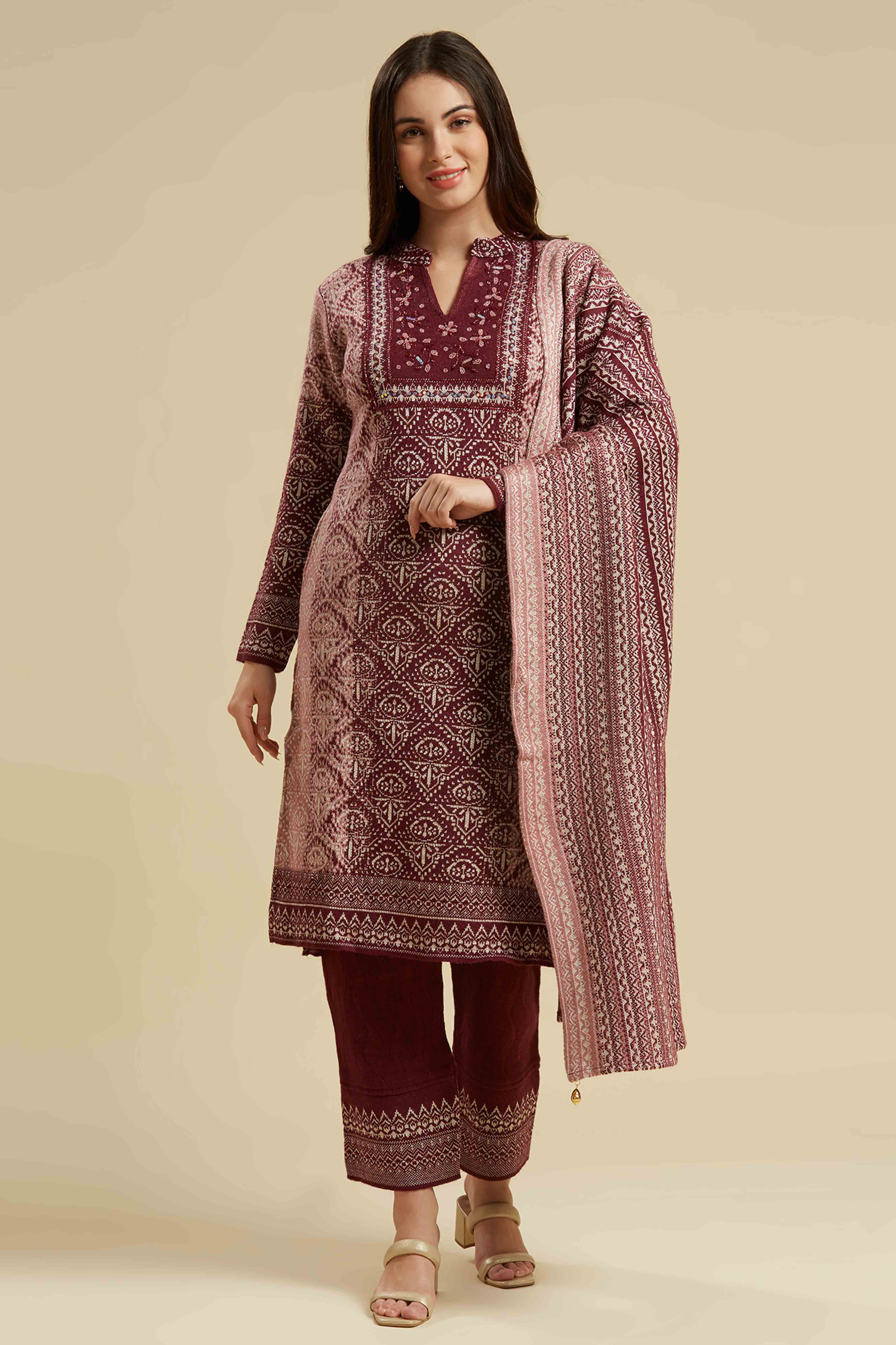 Wine Embroidered Woolen Straight Salwar Suit - Image 11