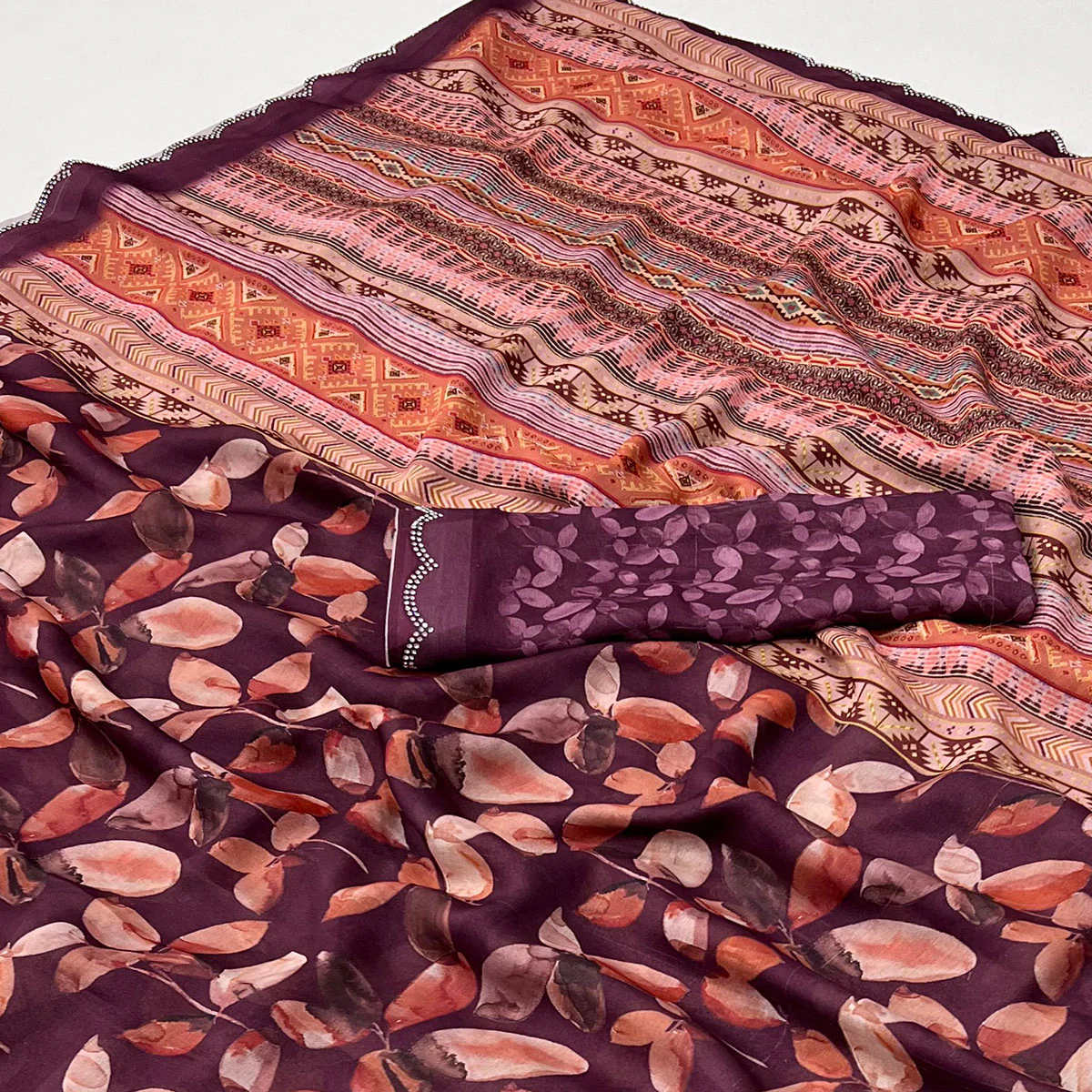 Wine Floral Digital Printed Georgette Saree With Stonework Border - Image 2