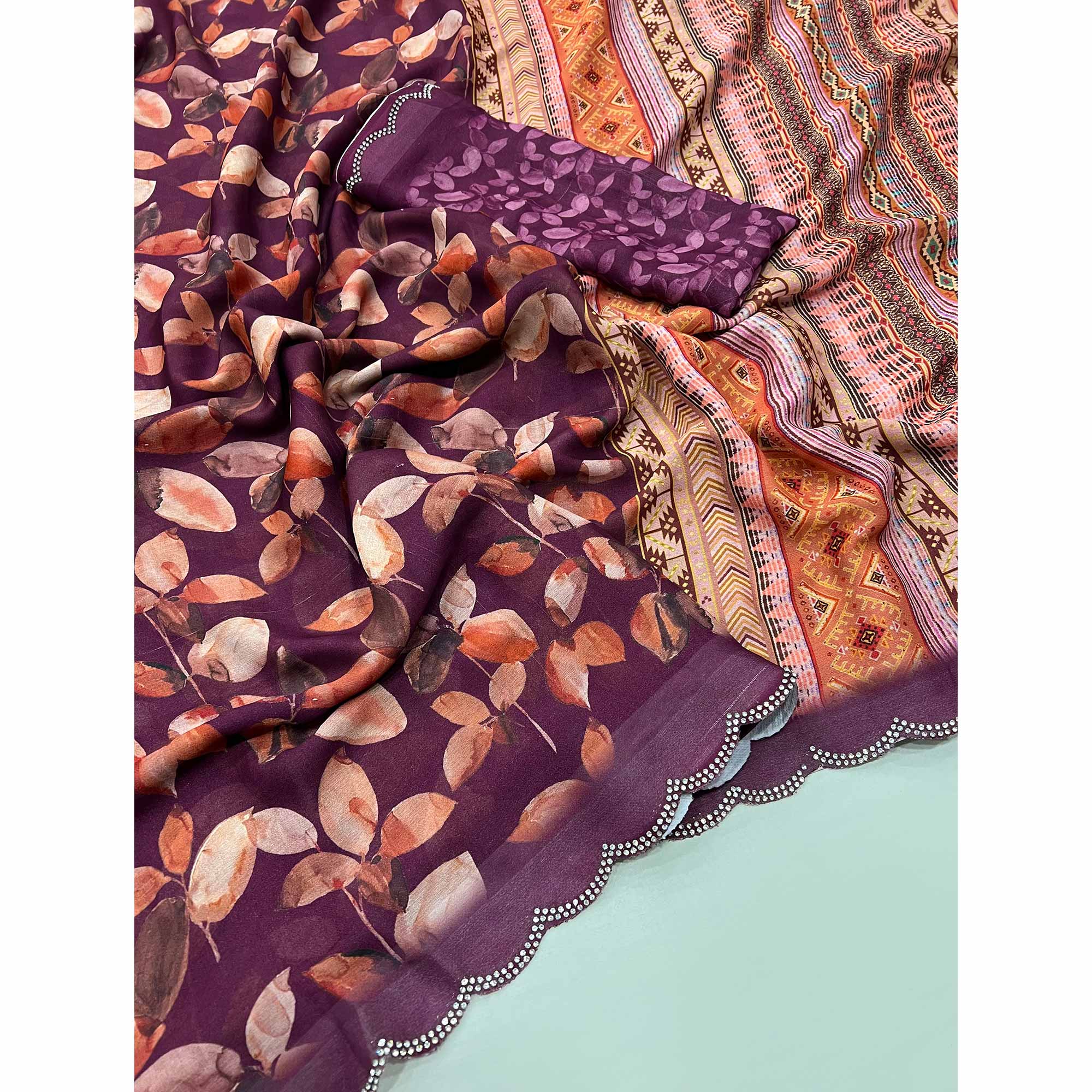 Wine Floral Digital Printed Georgette Saree With Stonework Border - Image 3