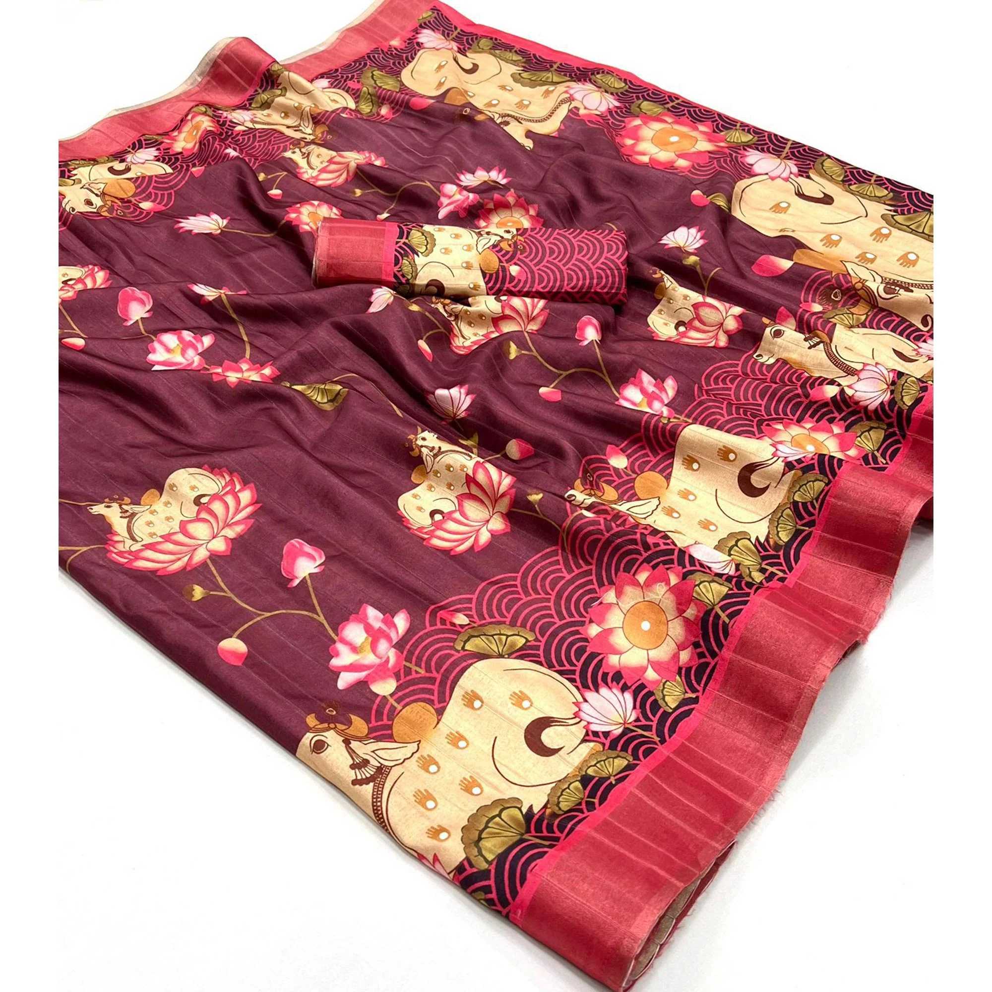 Wine Floral Digital Printed Tussar Silk Saree - Image 3