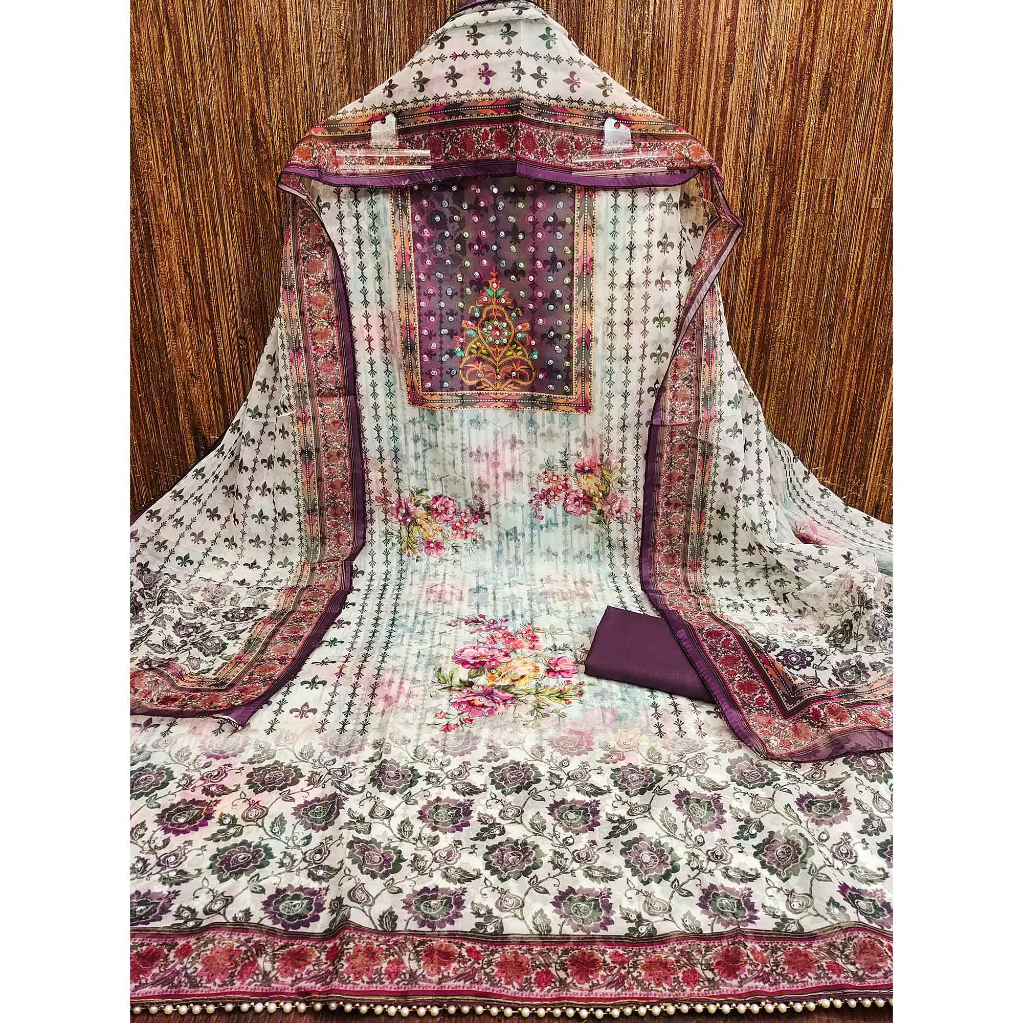 Wine Floral Digital Printed With Diamond Work Organza Dress Material - Image 3
