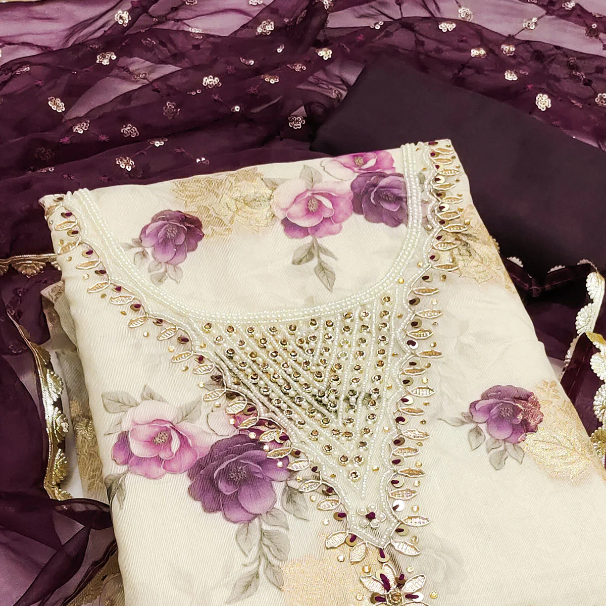 Wine Floral Digital Printed With Handwork Viscose Banarasi Dress Material - Image 2